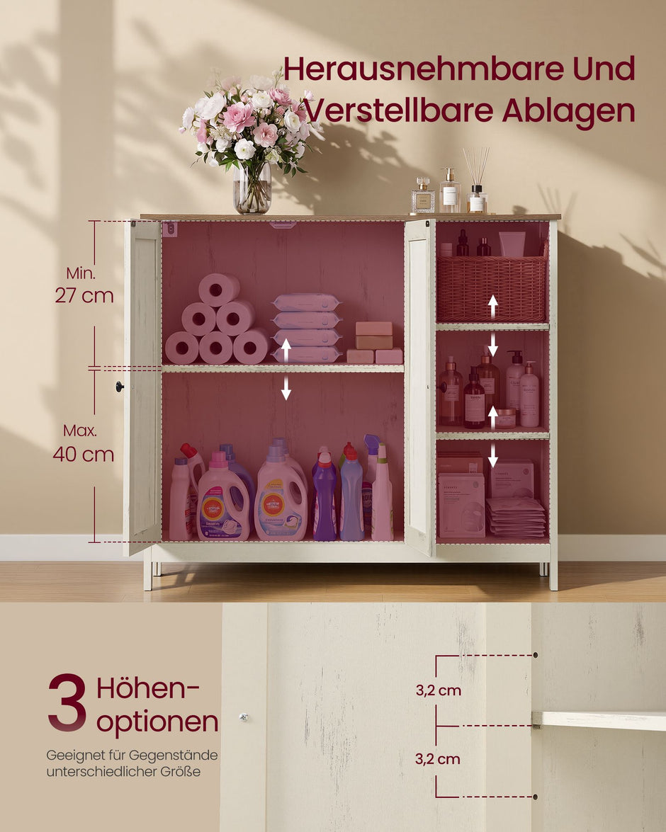Badkamerkast – 2 Deuren en Open Vakken – Verstelbare Planken – 90 x 30 x 80 cm – Vintage Wit en Honingbruin