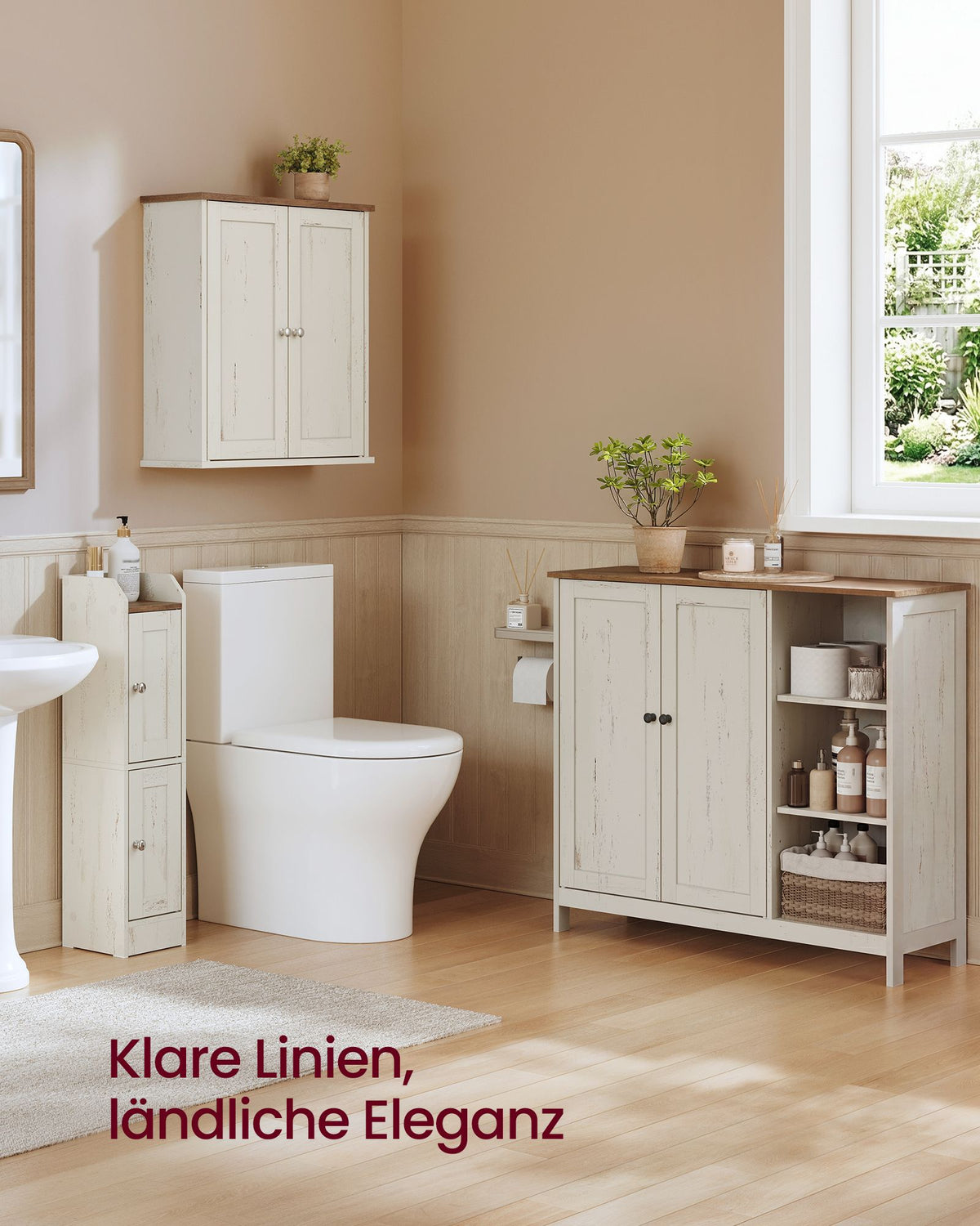 Badkamerkast – 2 Deuren en Open Vakken – Verstelbare Planken – 90 x 30 x 80 cm – Vintage Wit en Honingbruin