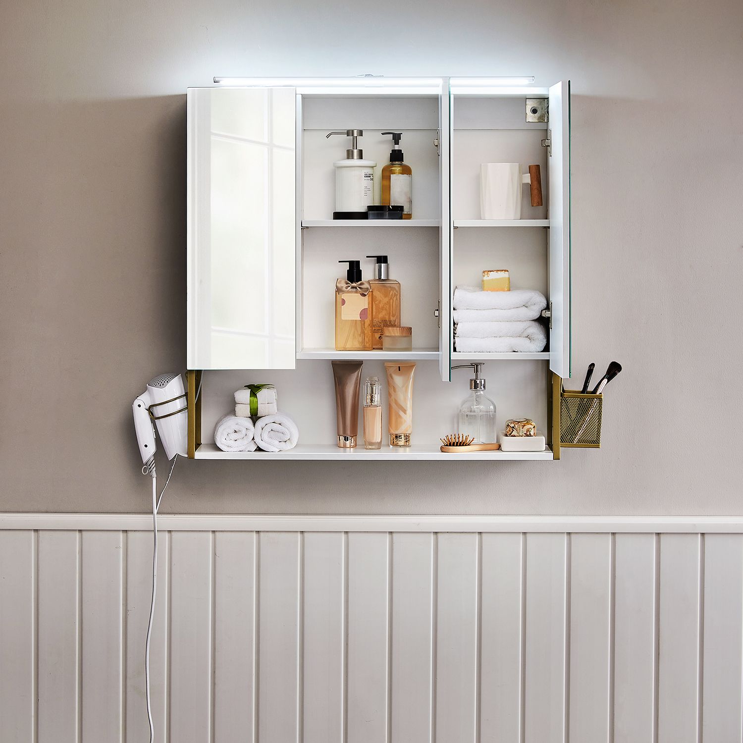 Spegelskåp - Badrumsskåp - med belysning - dubbel dörr - Modern - vit / guld