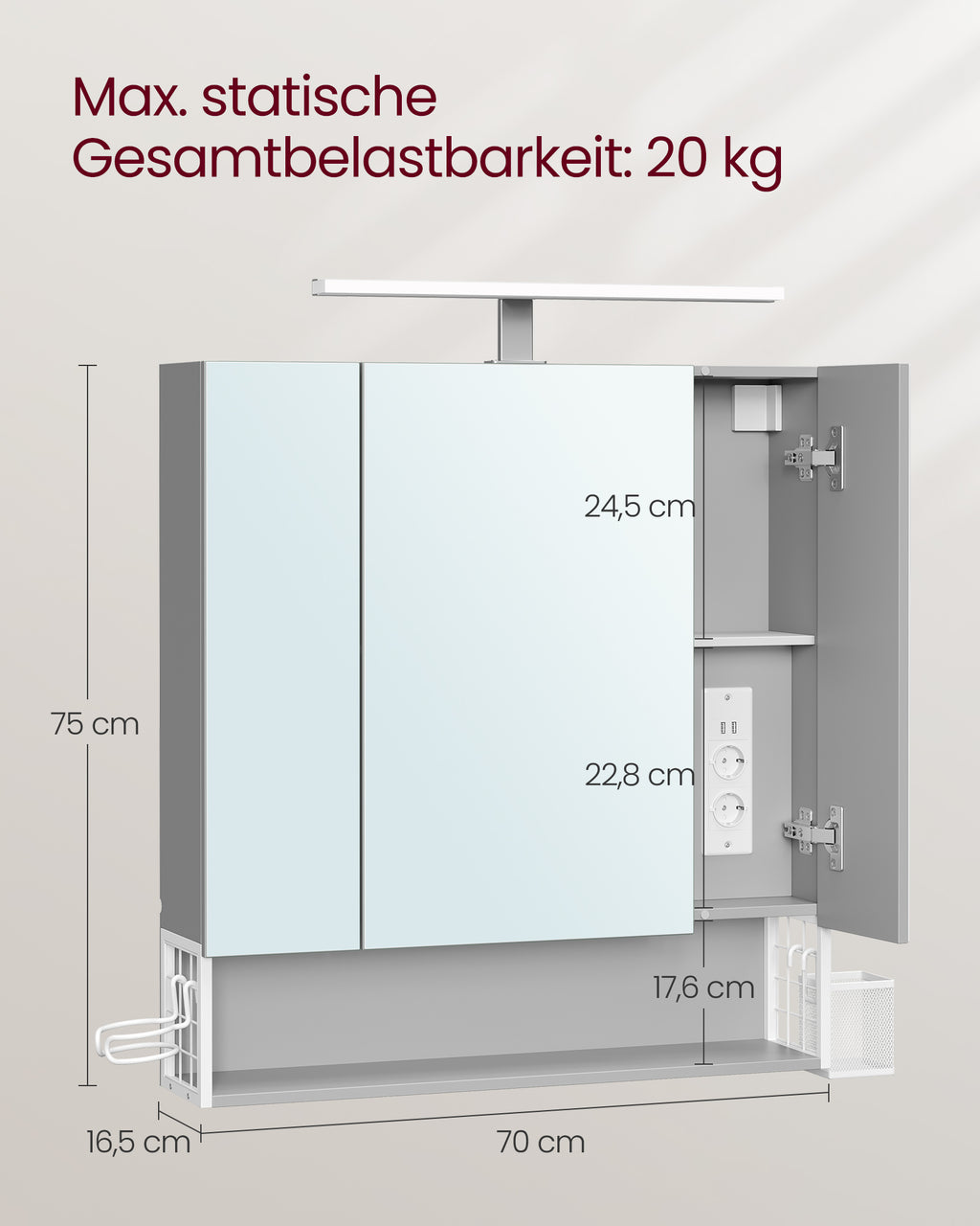 Badrumsmöbler - med uttag och 3 dörrar - Wolkwit och Pigeon Gray