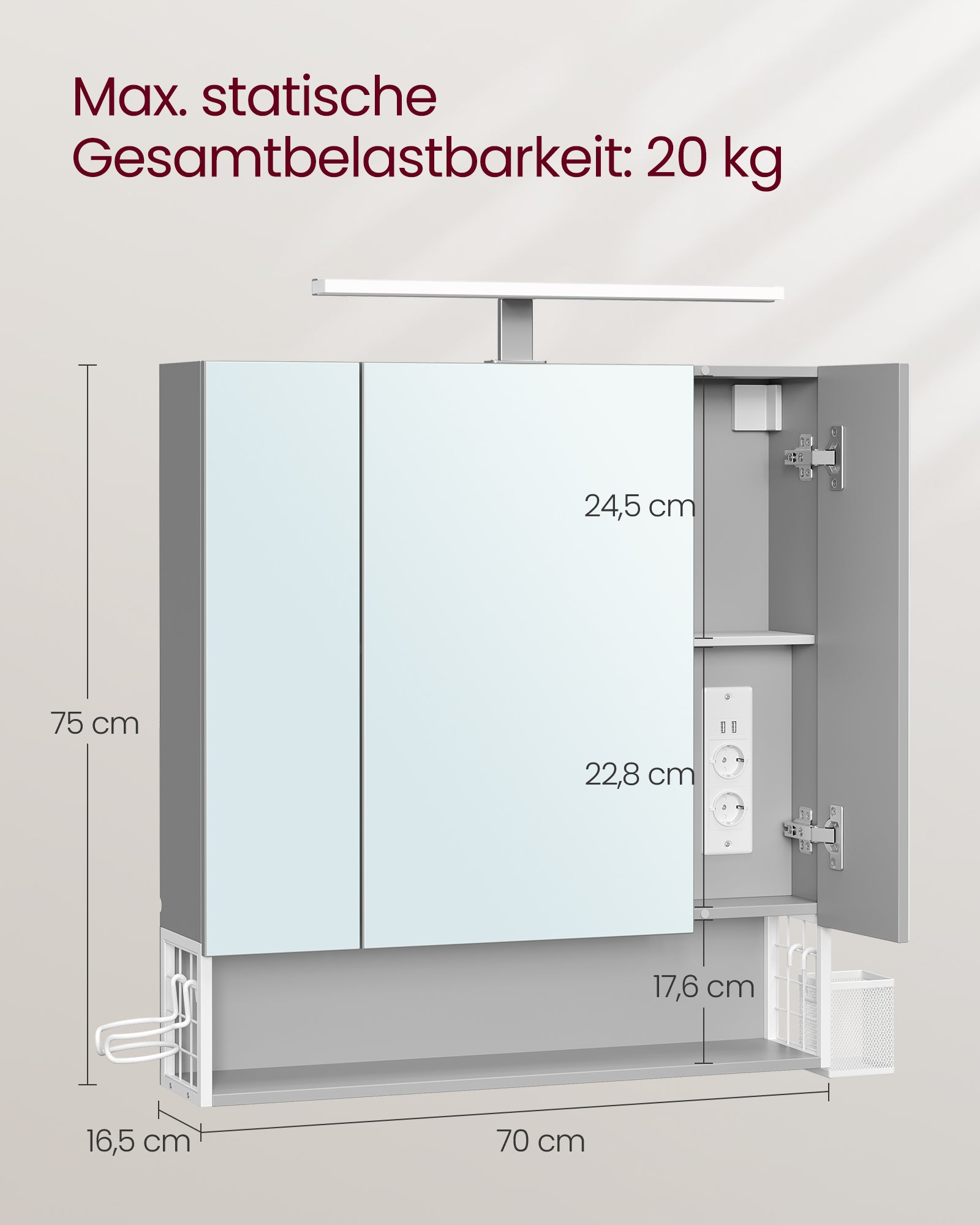 Badrumsmöbler - med uttag och 3 dörrar - Wolkwit och Pigeon Gray
