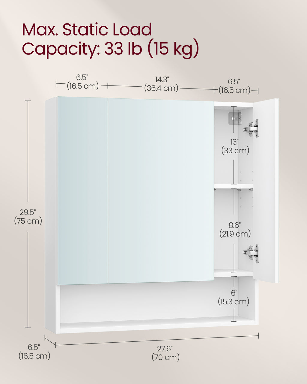 Badrumsskåp - med 3 dörrar - 16,5 × 70 × 75 cm - Wolkwit