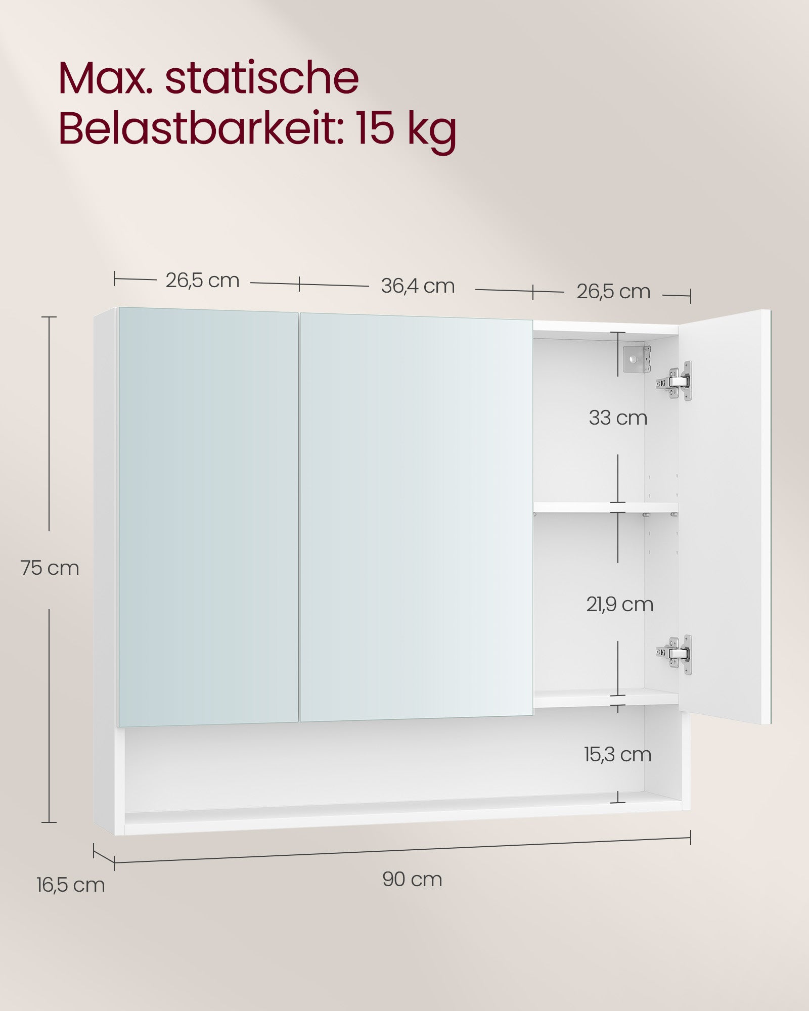 Badrumsmöbler - med 3 dörrar - 16,5 × 90 × 75 cm - Wolkwit