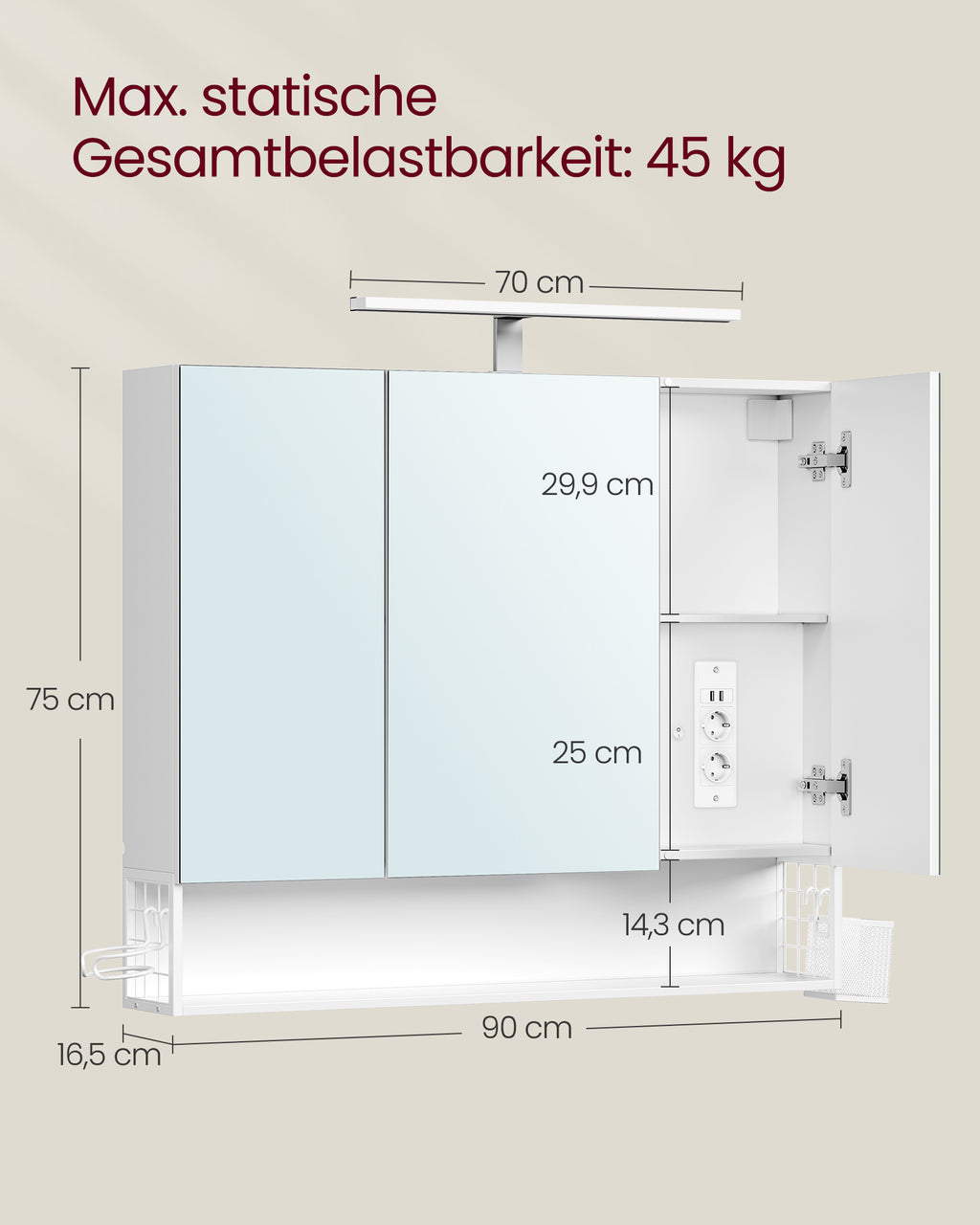 Badrumsmöbler med 3 dörrar - 16,5 x 90 x 75 cm - molnig vit