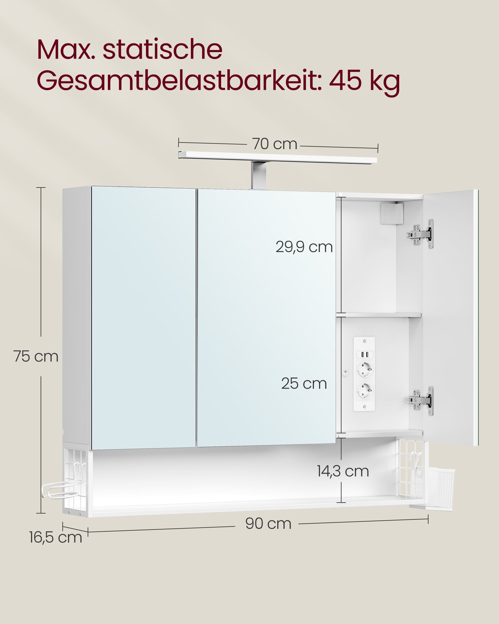 Badrumsmöbler med 3 dörrar - 16,5 x 90 x 75 cm - molnig vit