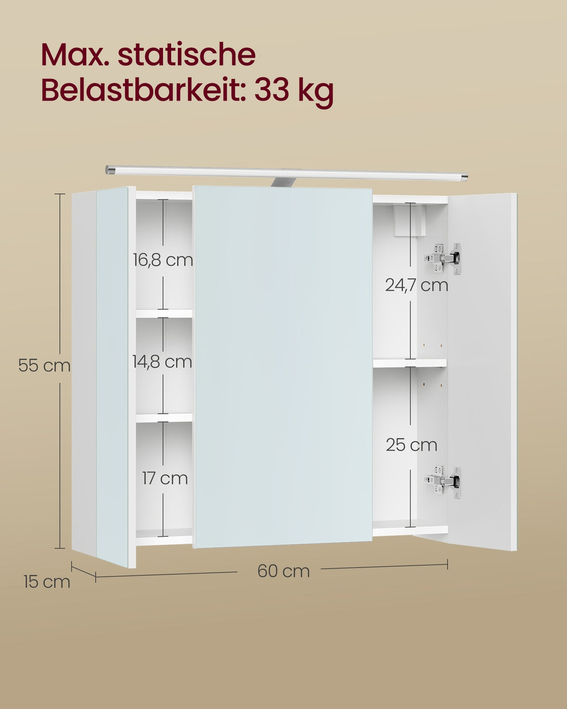 Badkamerspiegelkast - 15 x 70 x 60 cm - 3 deuren - Wolkenwit - 40 kg maximum capaciteit