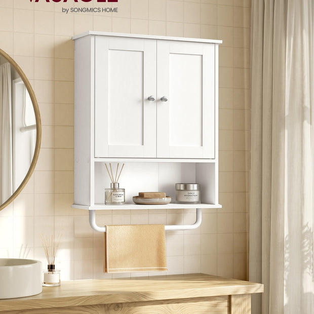 Wandkast - 20 x 56 x 60 cm - Wolkenwit - Verstelbare plank - 2 deuren - Met handdoekrek - Max. draagvermogen 44 kg
