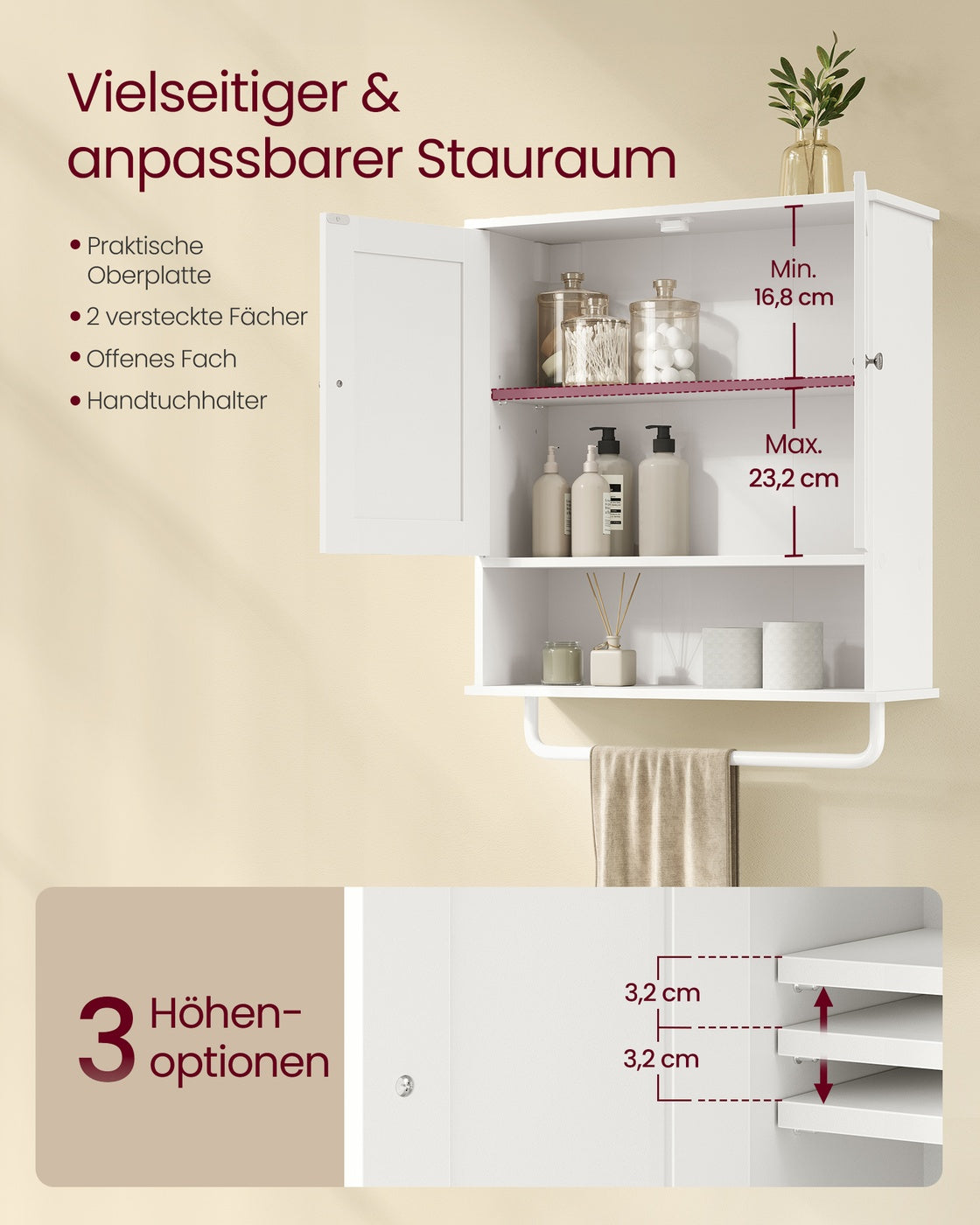 Wandkast - 20 x 56 x 60 cm - Wolkenwit - Verstelbare plank - 2 deuren - Met handdoekrek - Max. draagvermogen 44 kg