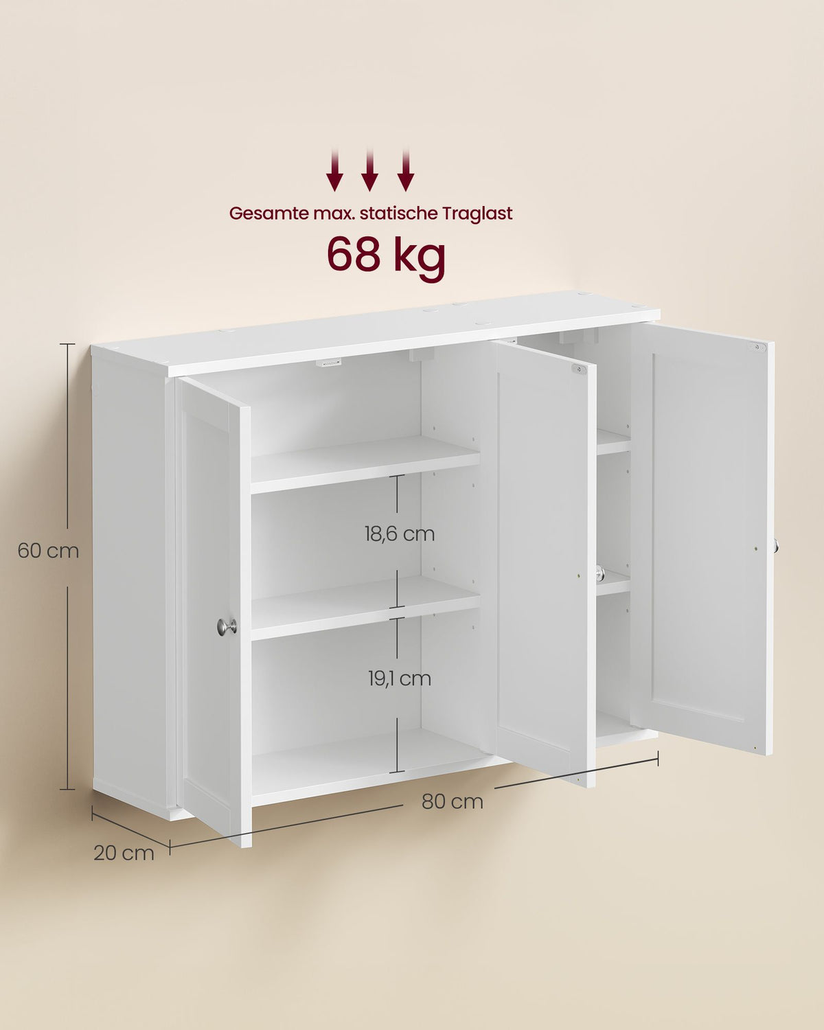 Badkamer Hangkast – 3 Deuren – Verstelbare Planken – 80 x 20 x 60 cm – Wolkenwit