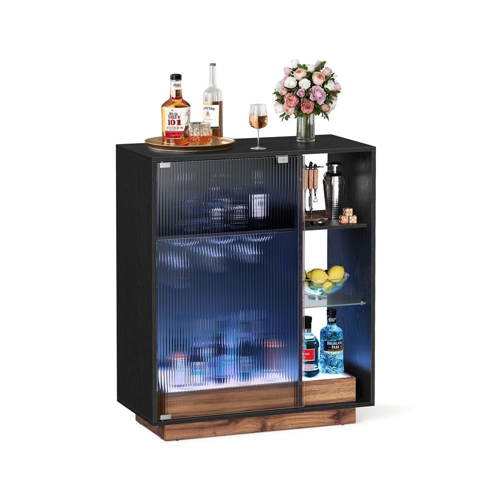 Vinskåp - dryckskåp - med belysning och kanalad glasdörr - trä - svart