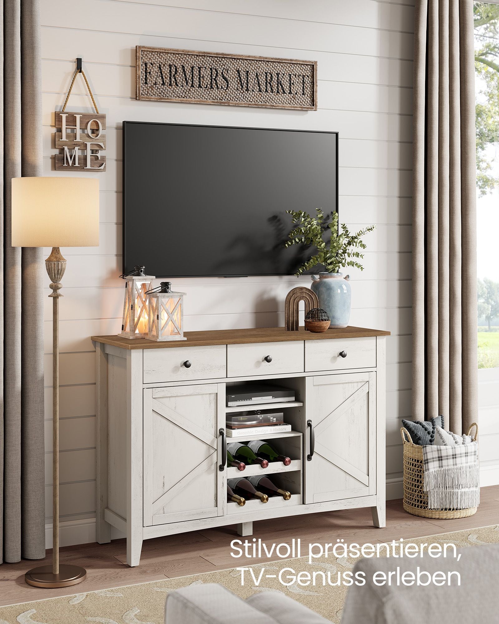 Köksskåp med vinställ – vintagestil – vit-honungsbrun