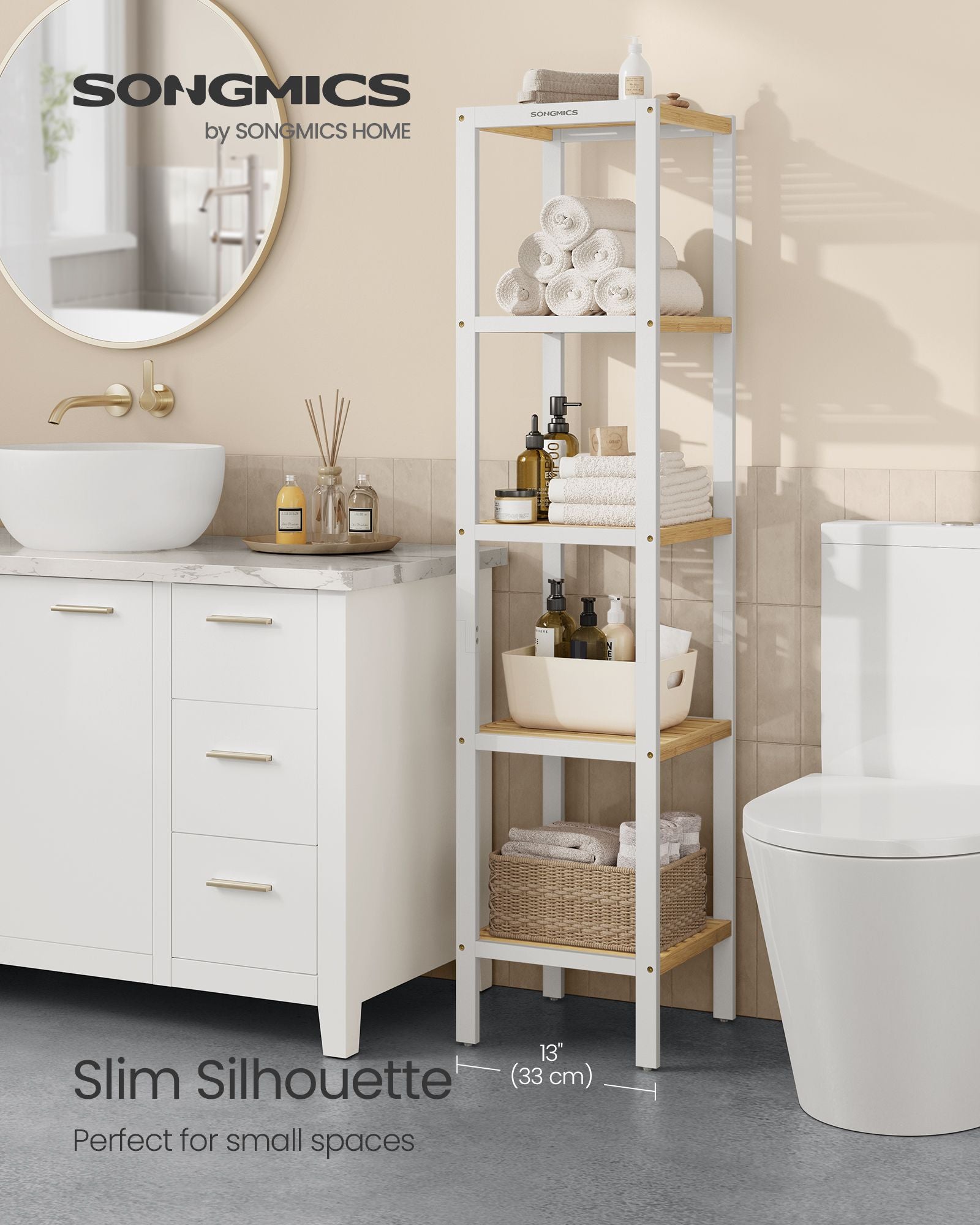 Bambu badrumsstativ - 5 lager - molnig vit och naturlig beige