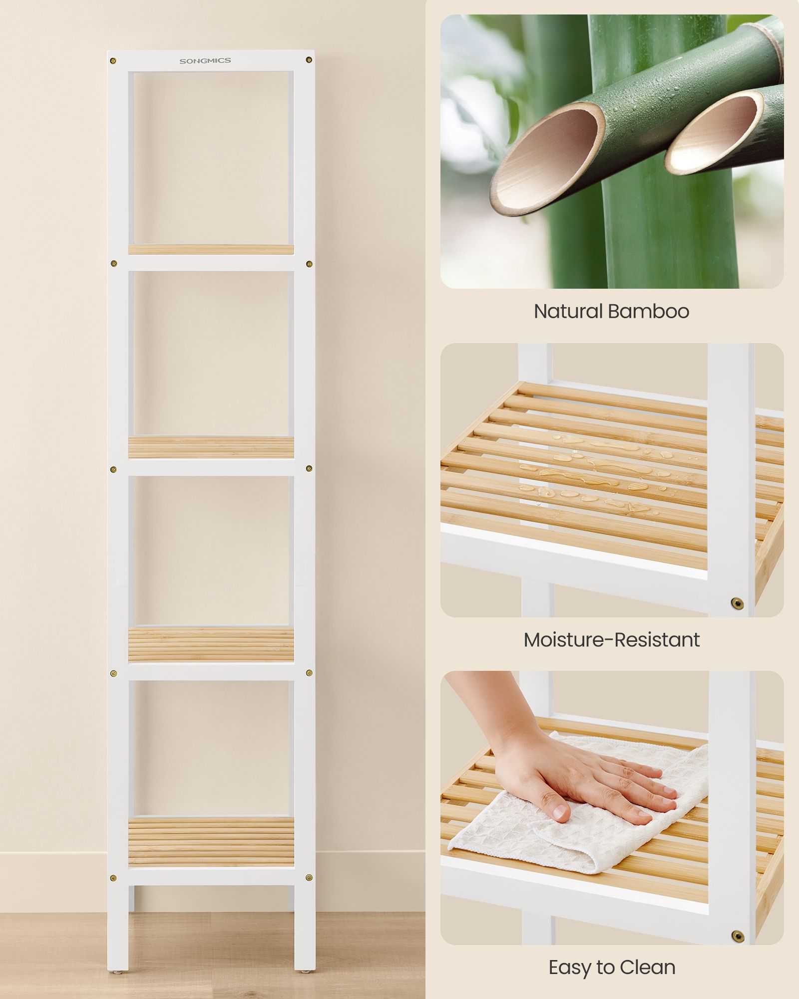 Bambu badrumsstativ - 5 lager - molnig vit och naturlig beige