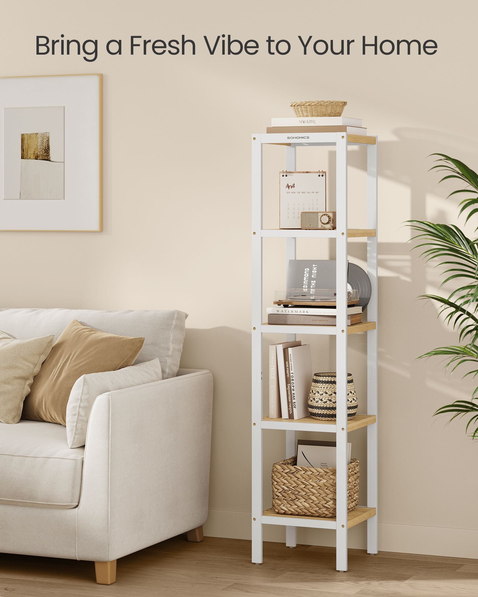 Bambu badrumsstativ - 5 lager - molnig vit och naturlig beige
