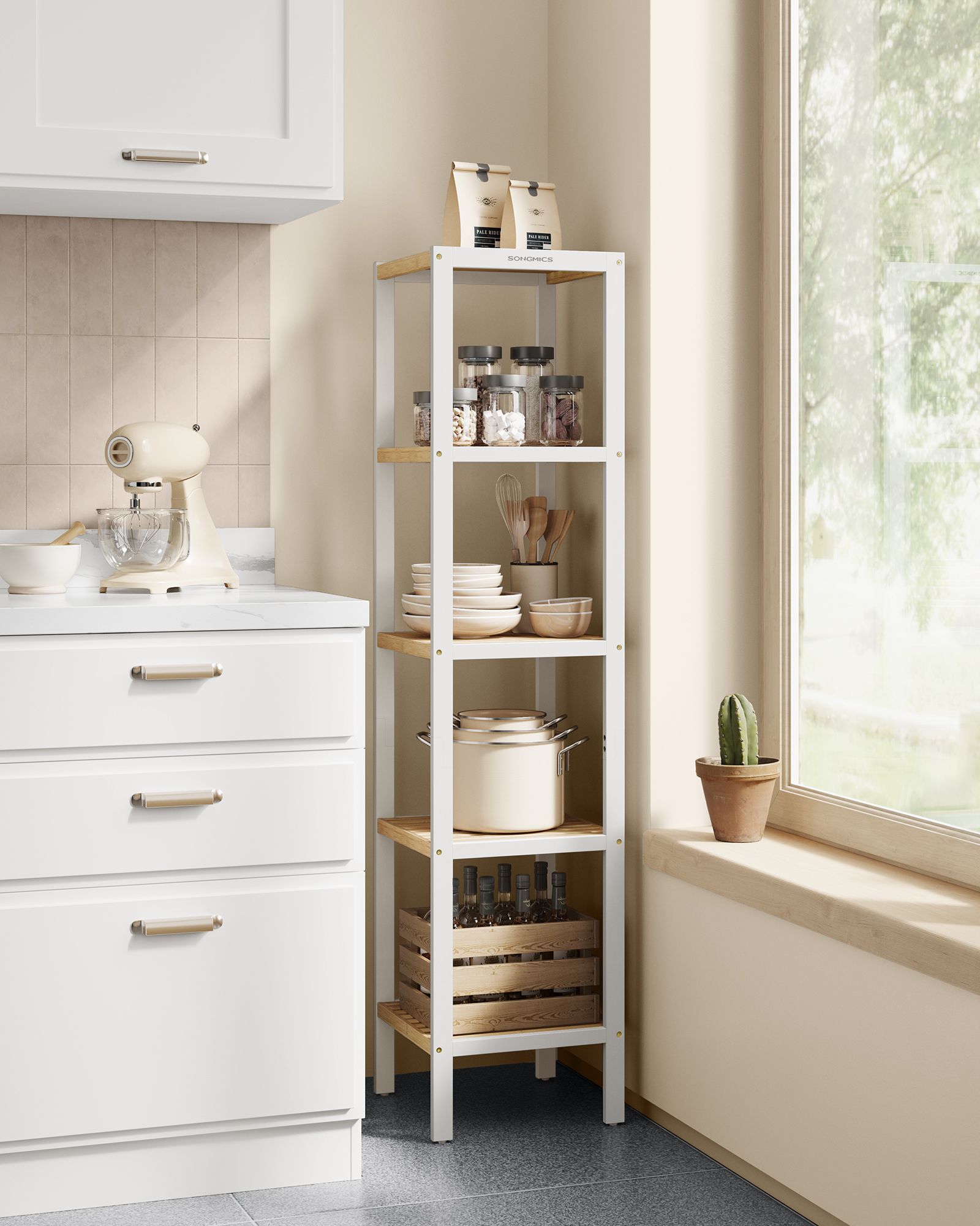 Bambu badrumsstativ - 5 lager - molnig vit och naturlig beige