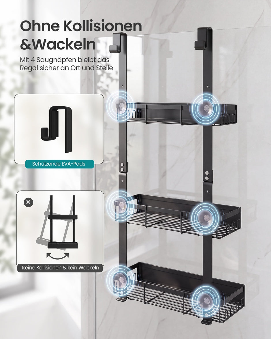 Doucherek om op te Hangen – 3 Lagen – Zonder Boren – Roestvrij – Zwart