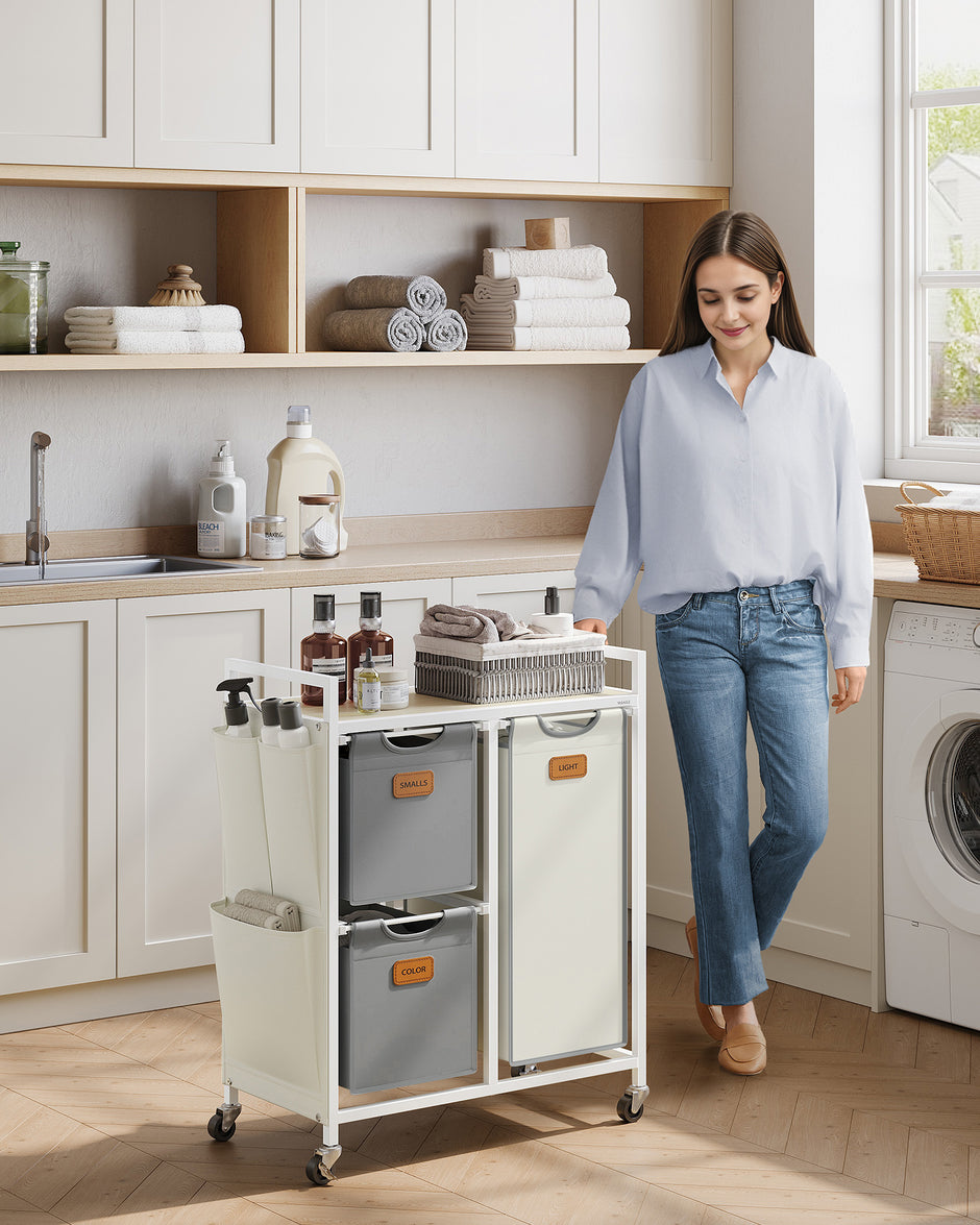 Tvättkorg med 3 fack - Snygg design - Naturlig beige-duva grå-krämvit