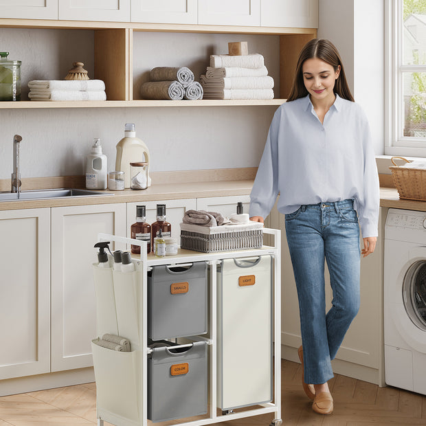 Tvättkorg med 3 fack - Snygg design - Naturlig beige-duva grå-krämvit