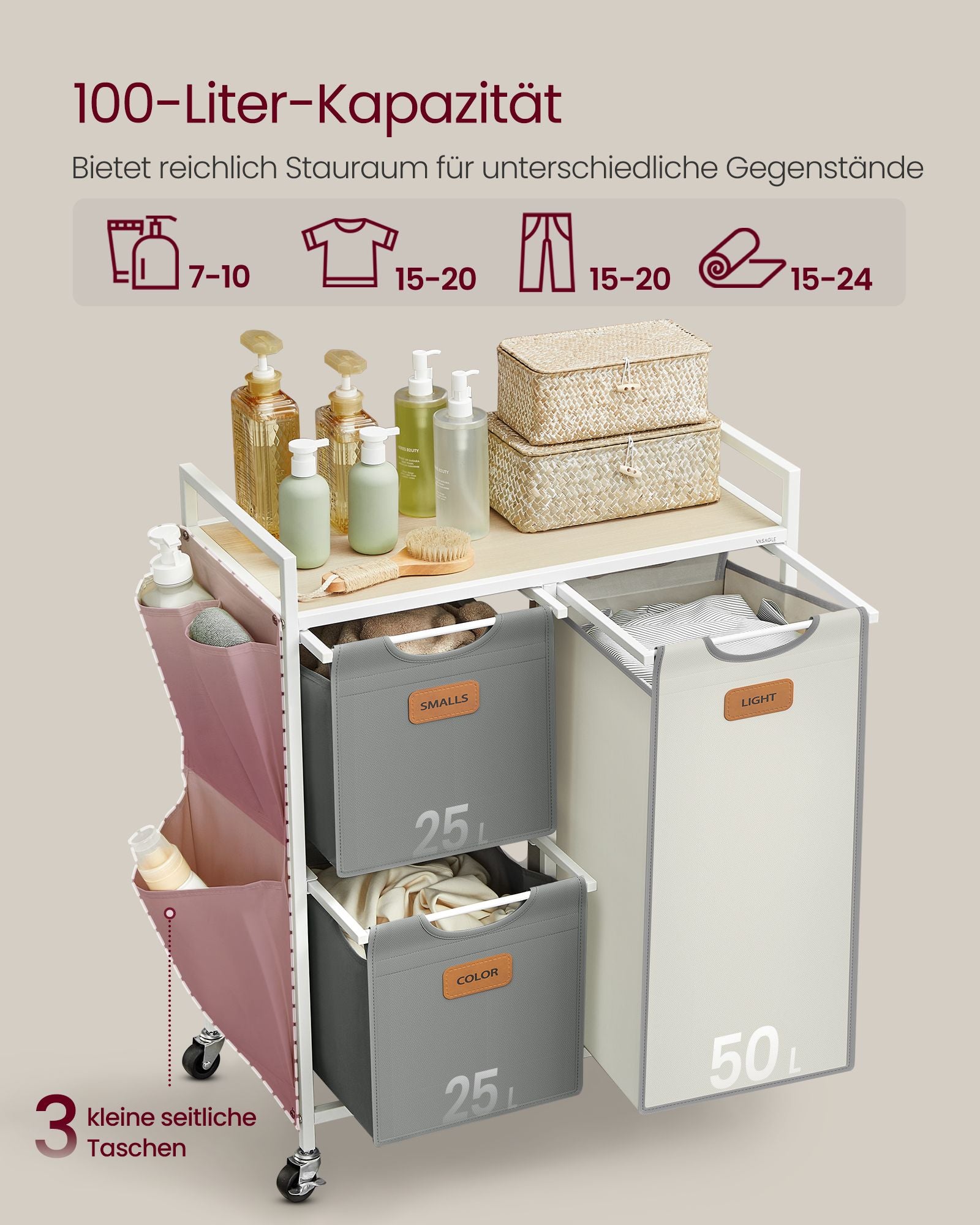 Tvättkorg 3 banor naturlig beige duva grå grädde vit