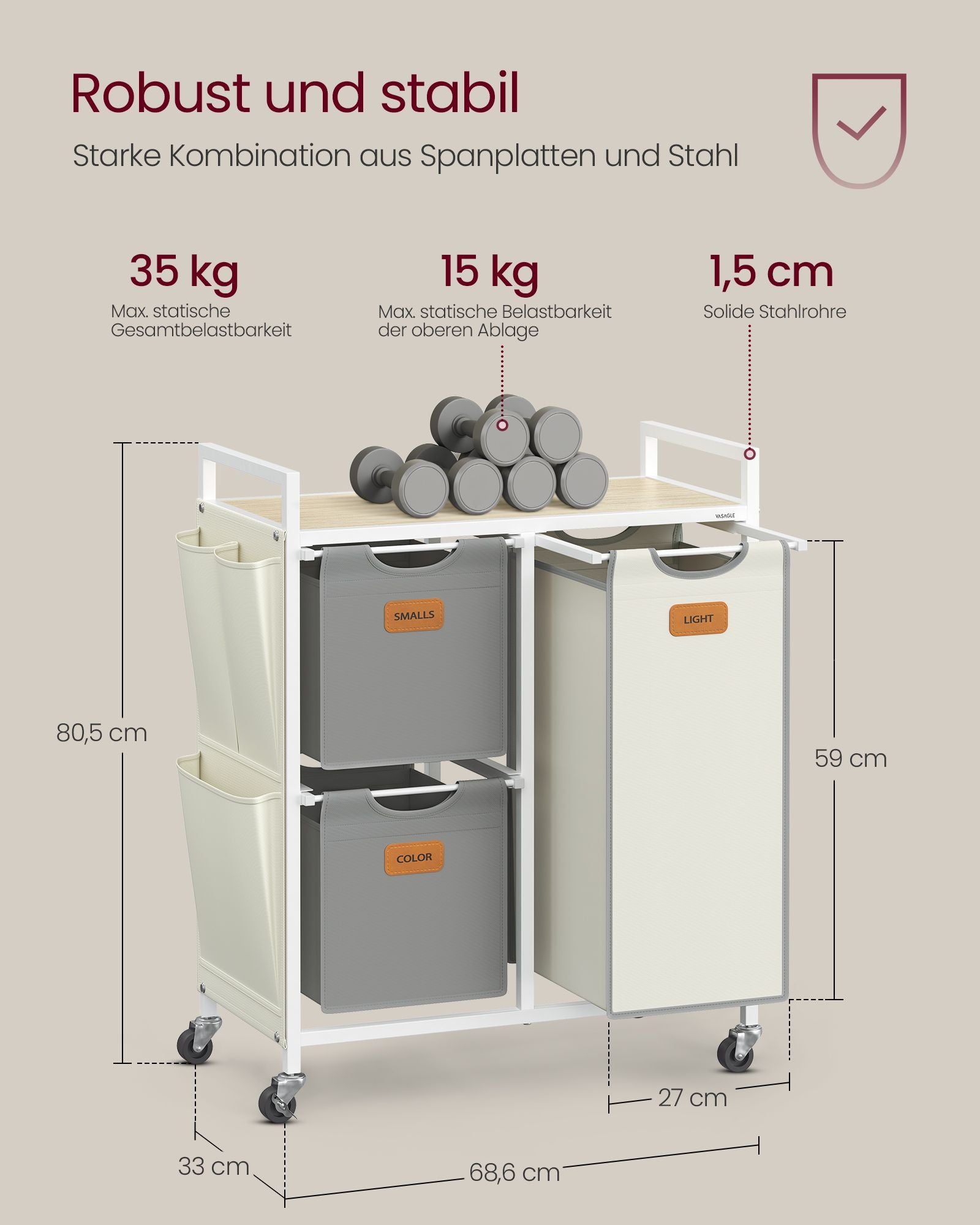 Tvättkorg med 3 fack - Snygg design - Naturlig beige-duva grå-krämvit