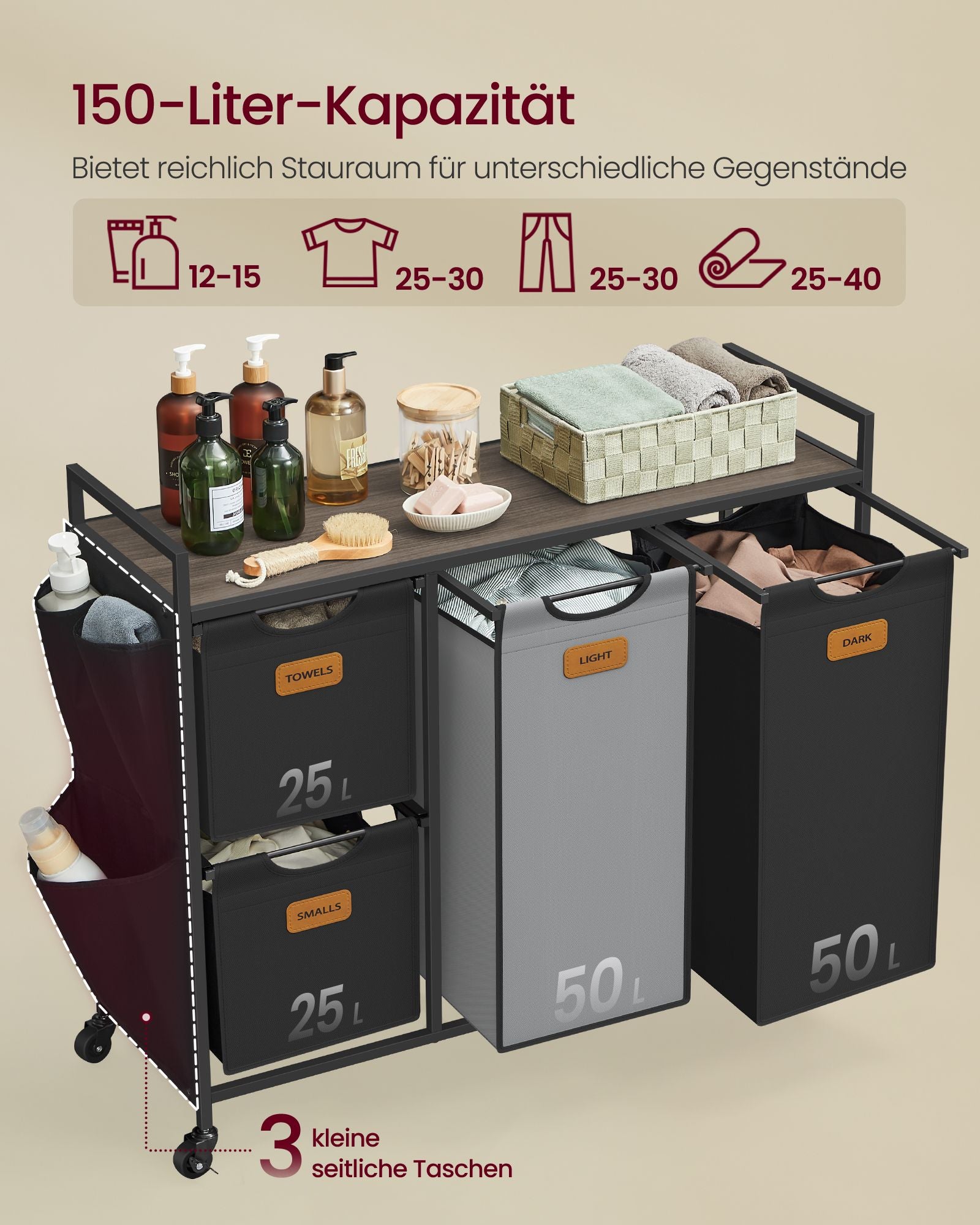 Tvättkorg med 4 fack - Snygg design - Maroon-ink black-duve grå