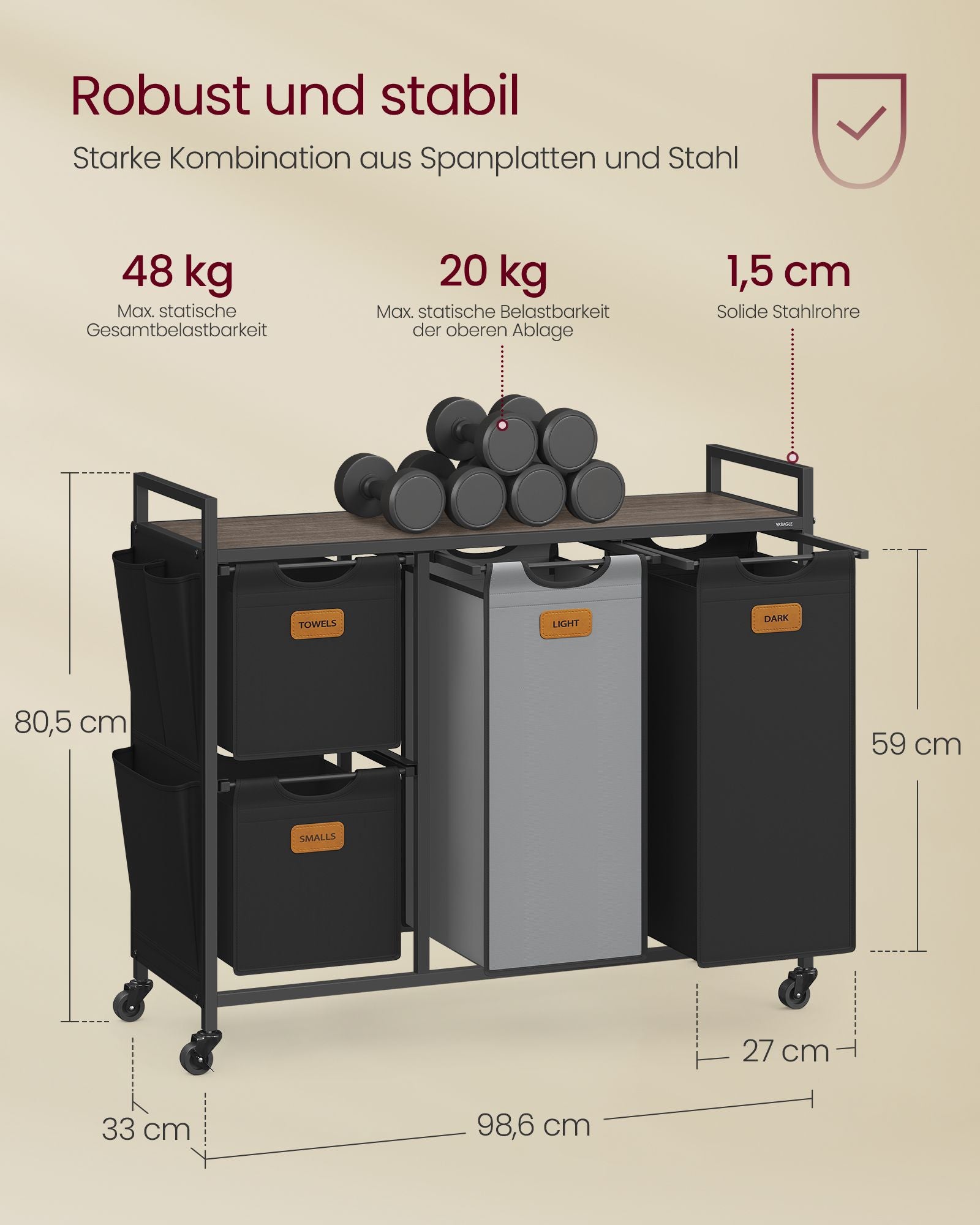 Tvättkorg med 4 fack - Snygg design - Maroon-ink black-duve grå