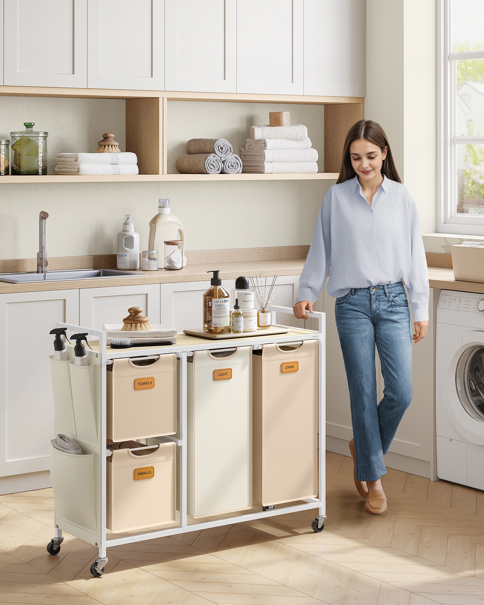 Tvättkorg 4 kurser naturlig beige-kamel brun-crème vit