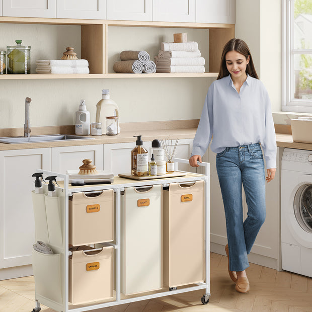 Tvättkorg med 4 fack – Snygg design – Naturlig och beige-kamel brun-gräddvit