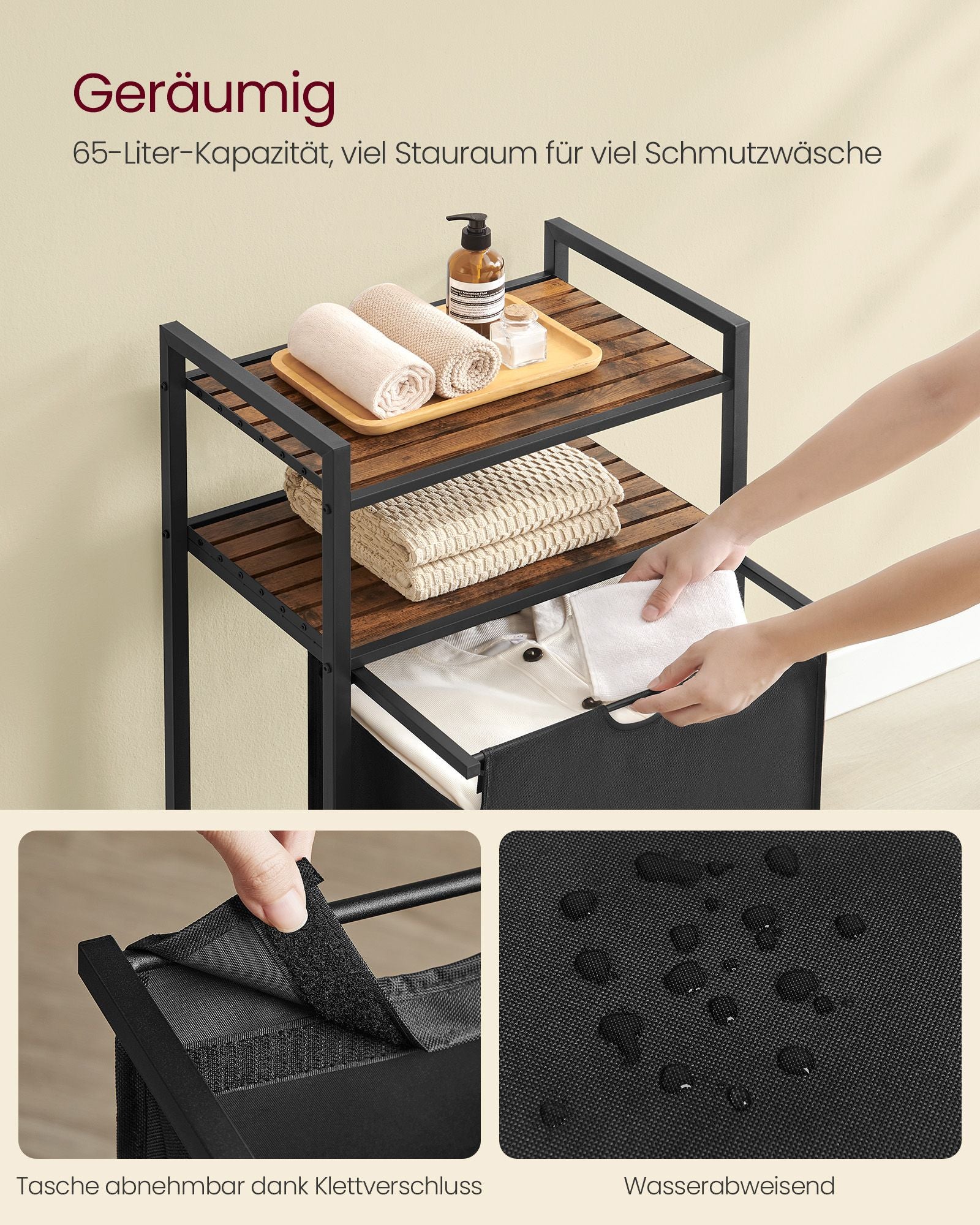 Tvättkorg med 2 hyllor 65 liter vintage brunsvart