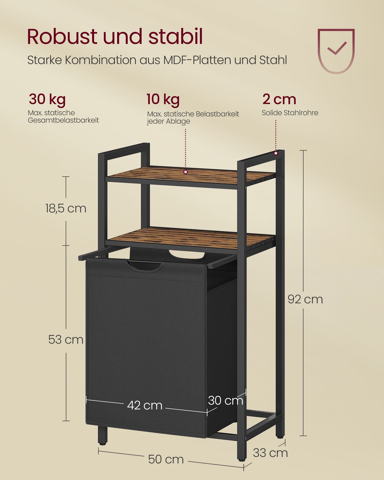 Tvättkorg med 2 hyllor 65 liter vintage brunsvart
