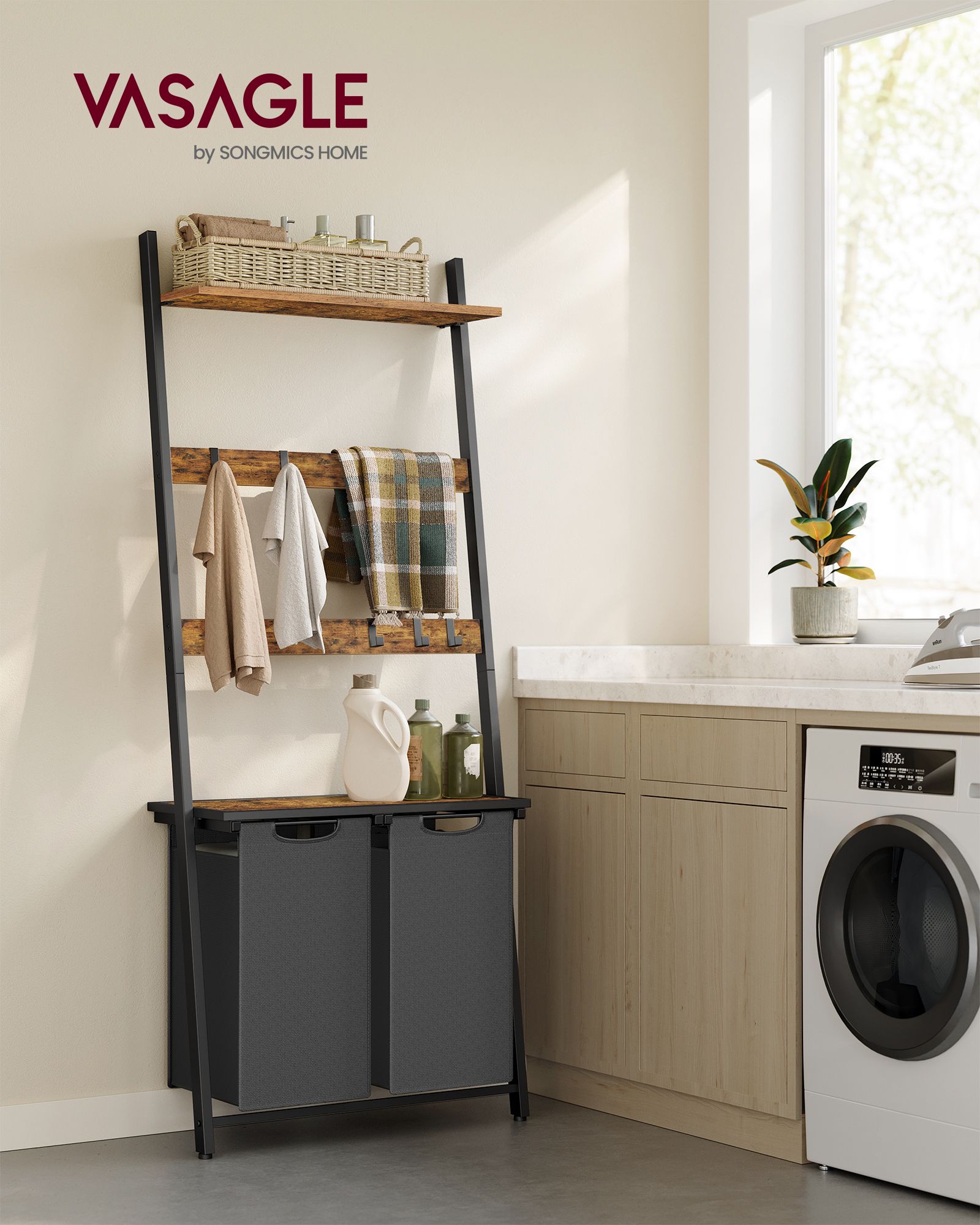 Tvättkorg-med handduksstege-vintage brun svart