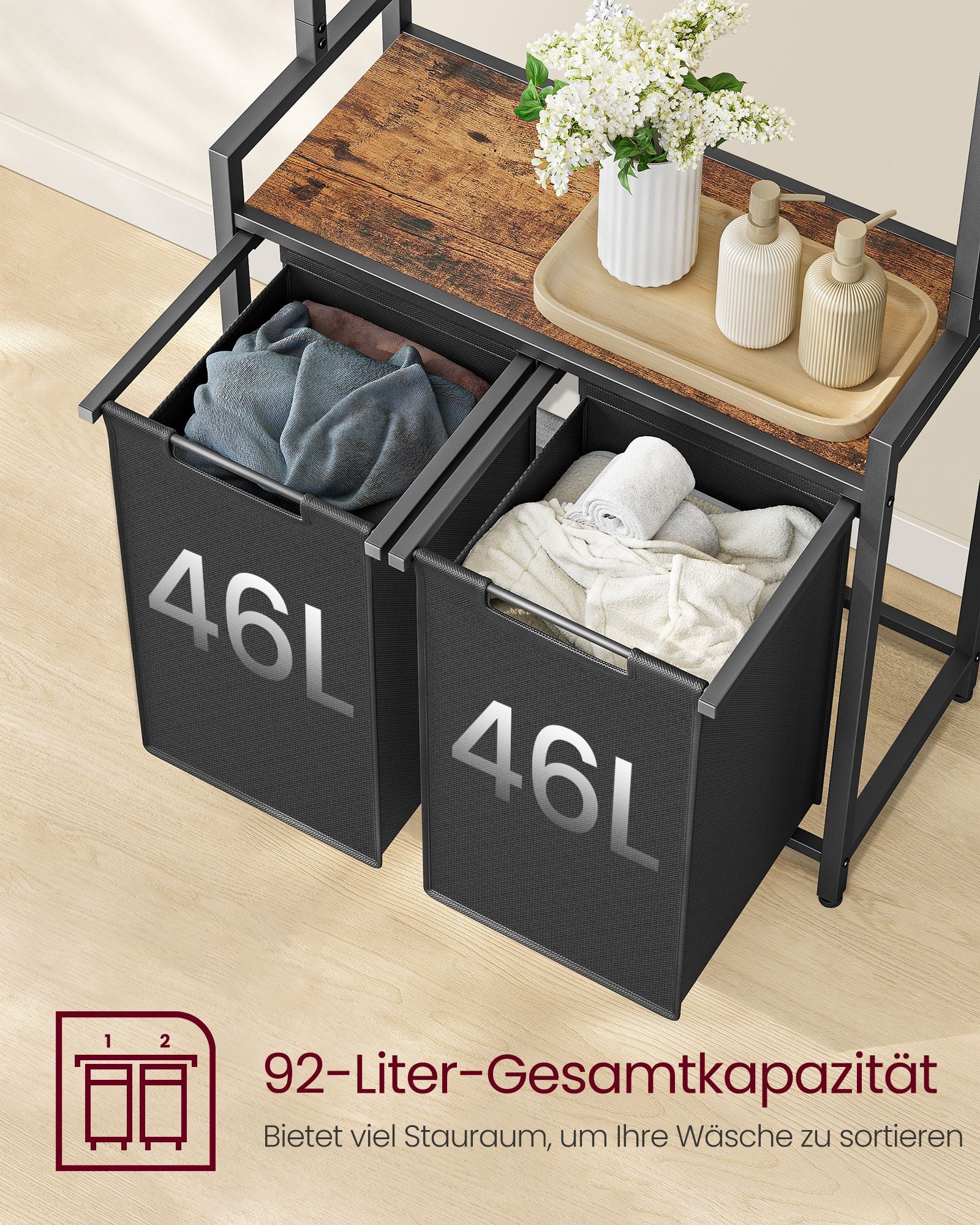 Tvättkorg-med kappa rack-2-fack-vintage brunklassiker svart