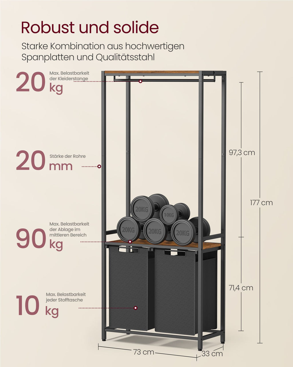 Tvättkorg-med kappa rack-2-fack-vintage brunklassiker svart