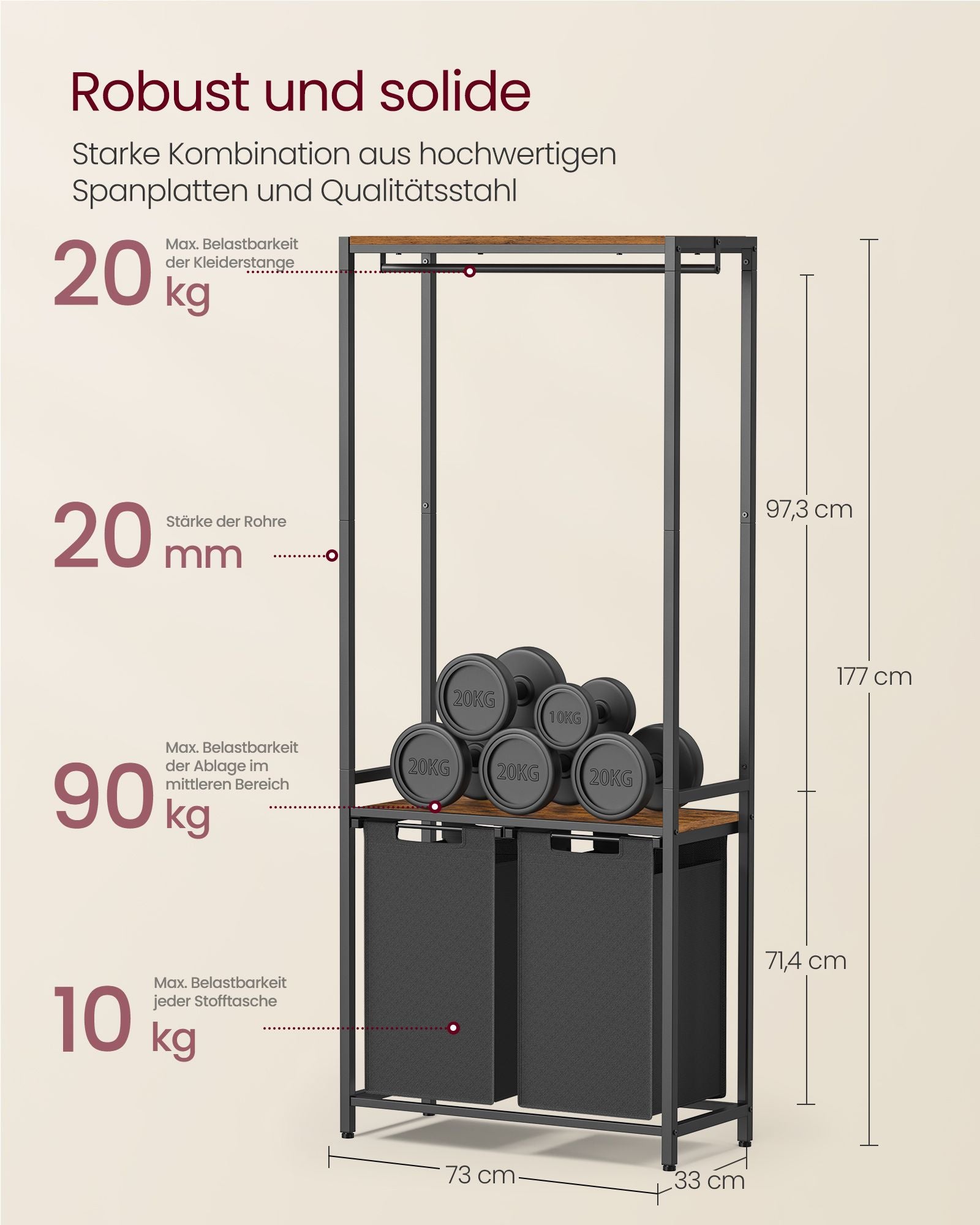 Tvättkorg-med kappa rack-2-fack-vintage brunklassiker svart