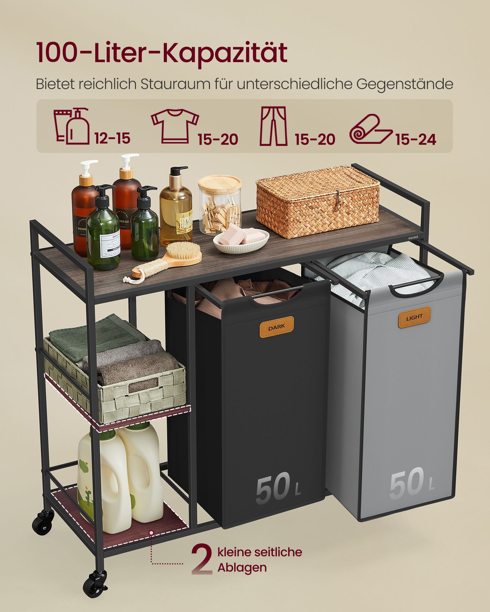 Tvättkorg 2 banor kastanj-bläck-svart duva grå