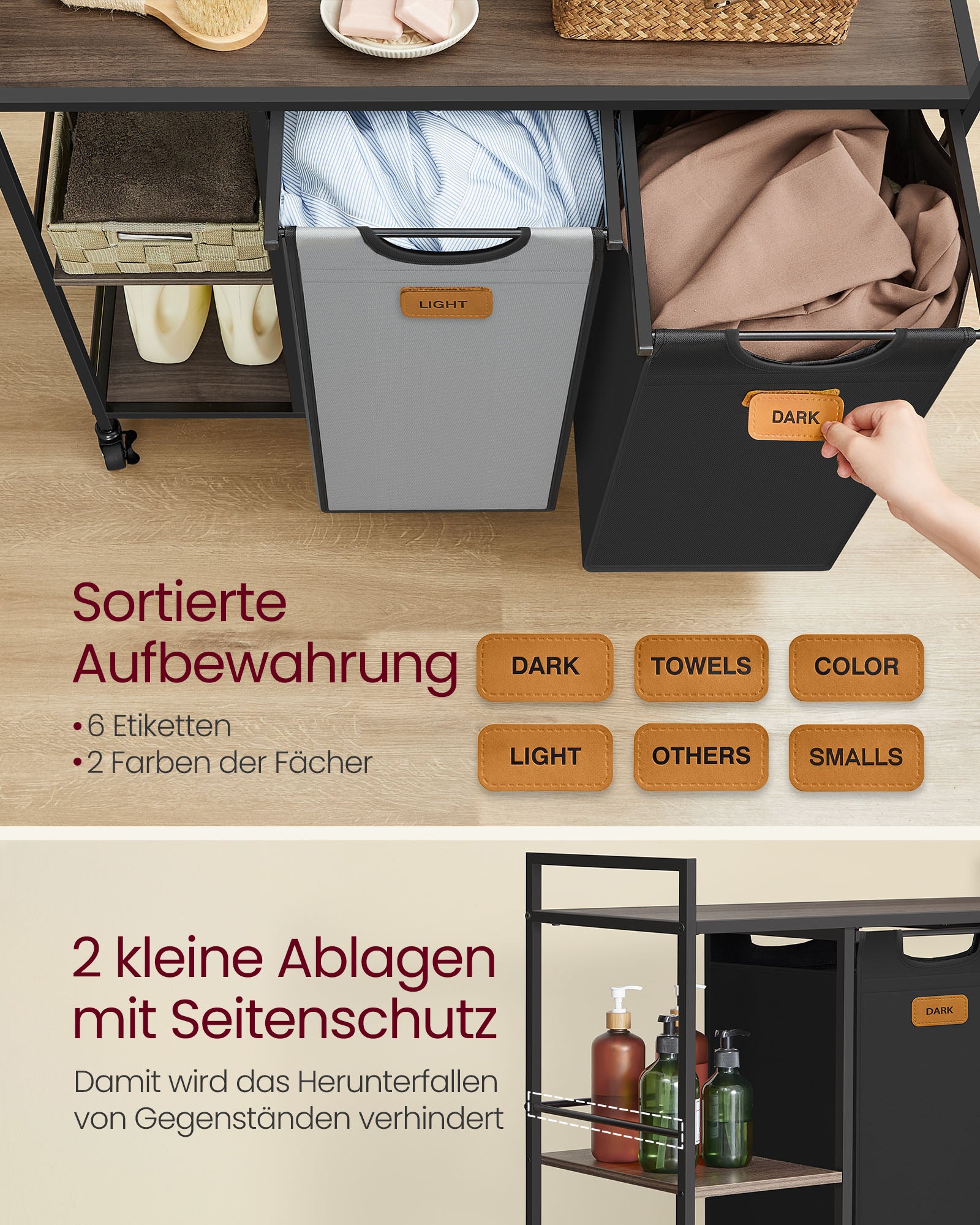 Tvättkorg 2 banor kastanj-bläck-svart duva grå