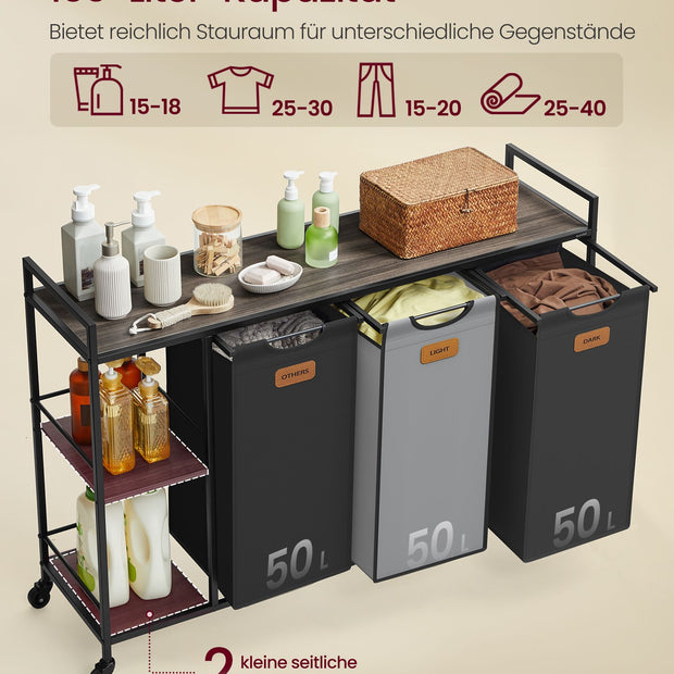 Tvättkorg med 3 fack på hjul - avtagbara fack - rödbrun svart grå