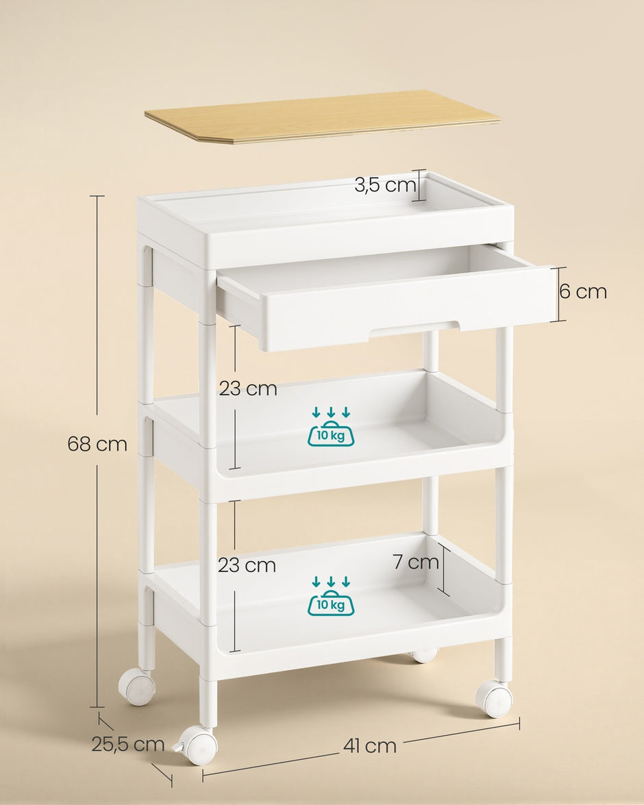 Trolley - 25,5 x 41 x 68 cm - Wit/Goud Eiken - 3 lagen - Maximale belasting per plank 10 kg