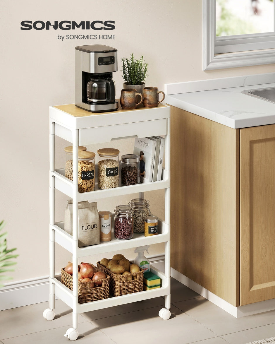 Trolley - 25,5 x 41 x 91 cm - Wit/Goud Eiken - 4 laags - Kunststof en Multiplex - Max. 10 kg per plank