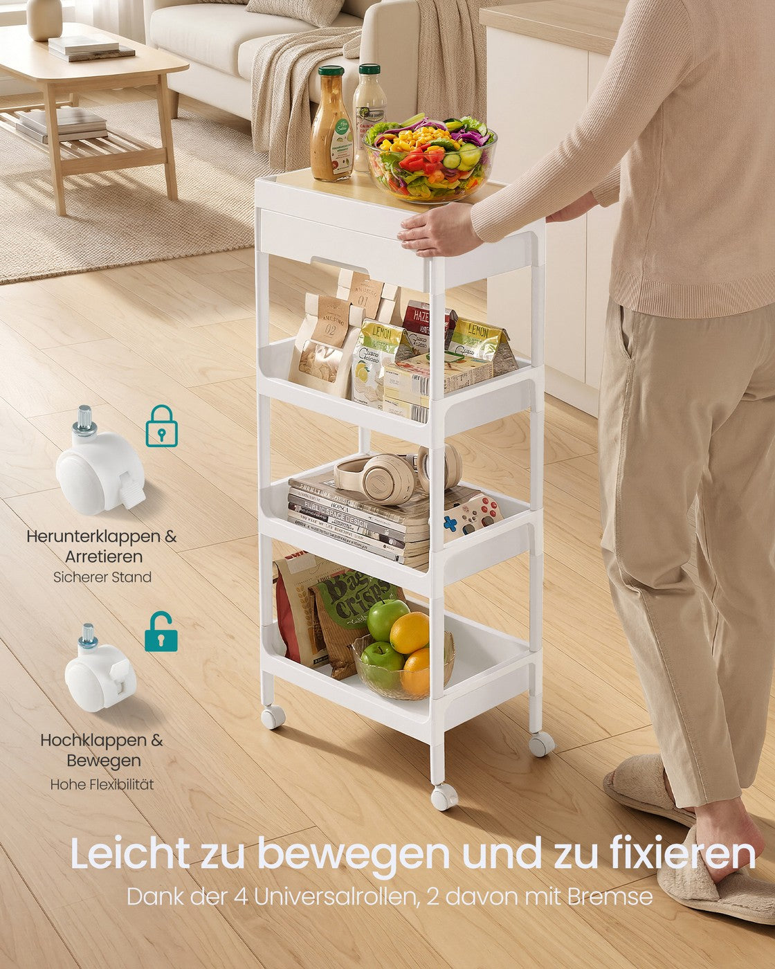 Trolley - 25,5 x 41 x 91 cm - Wit/Goud Eiken - 4 laags - Kunststof en Multiplex - Max. 10 kg per plank