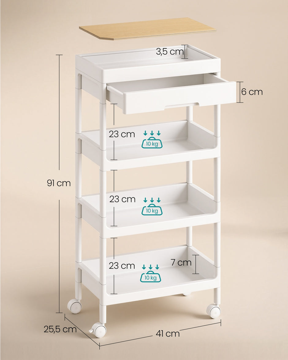 Trolley - 25,5 x 41 x 91 cm - Wit/Goud Eiken - 4 laags - Kunststof en Multiplex - Max. 10 kg per plank