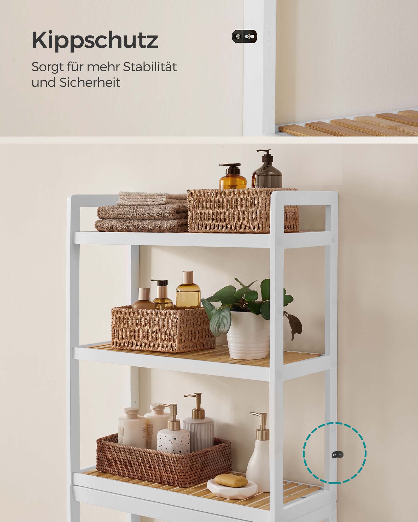 Badrumshylla-3 nivåer-bambu-molnig vit naturlig färg