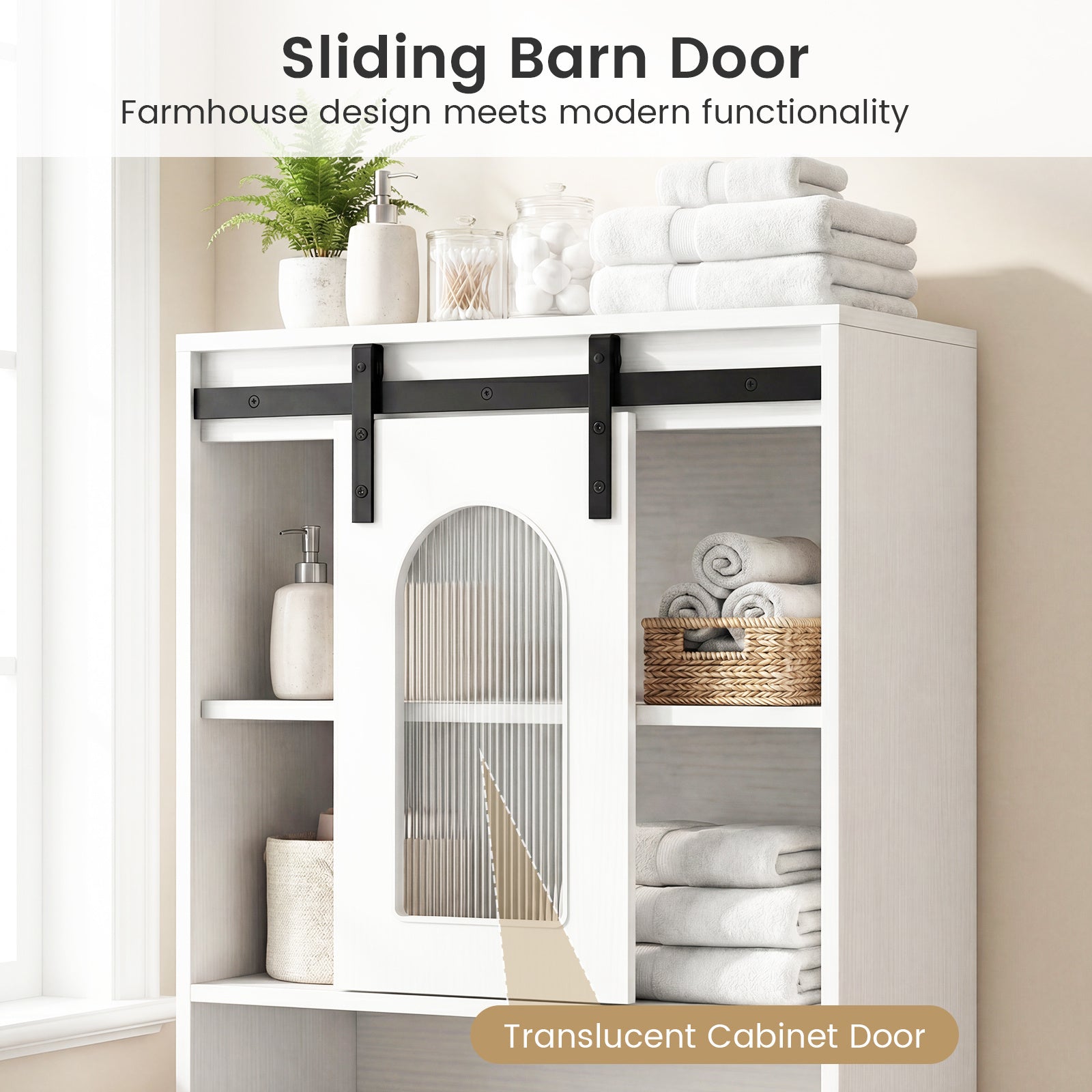 Baderskåp – i lantlig stil med skjutdörr och öppet fack Vitt – 60 x 30 x 150 cm