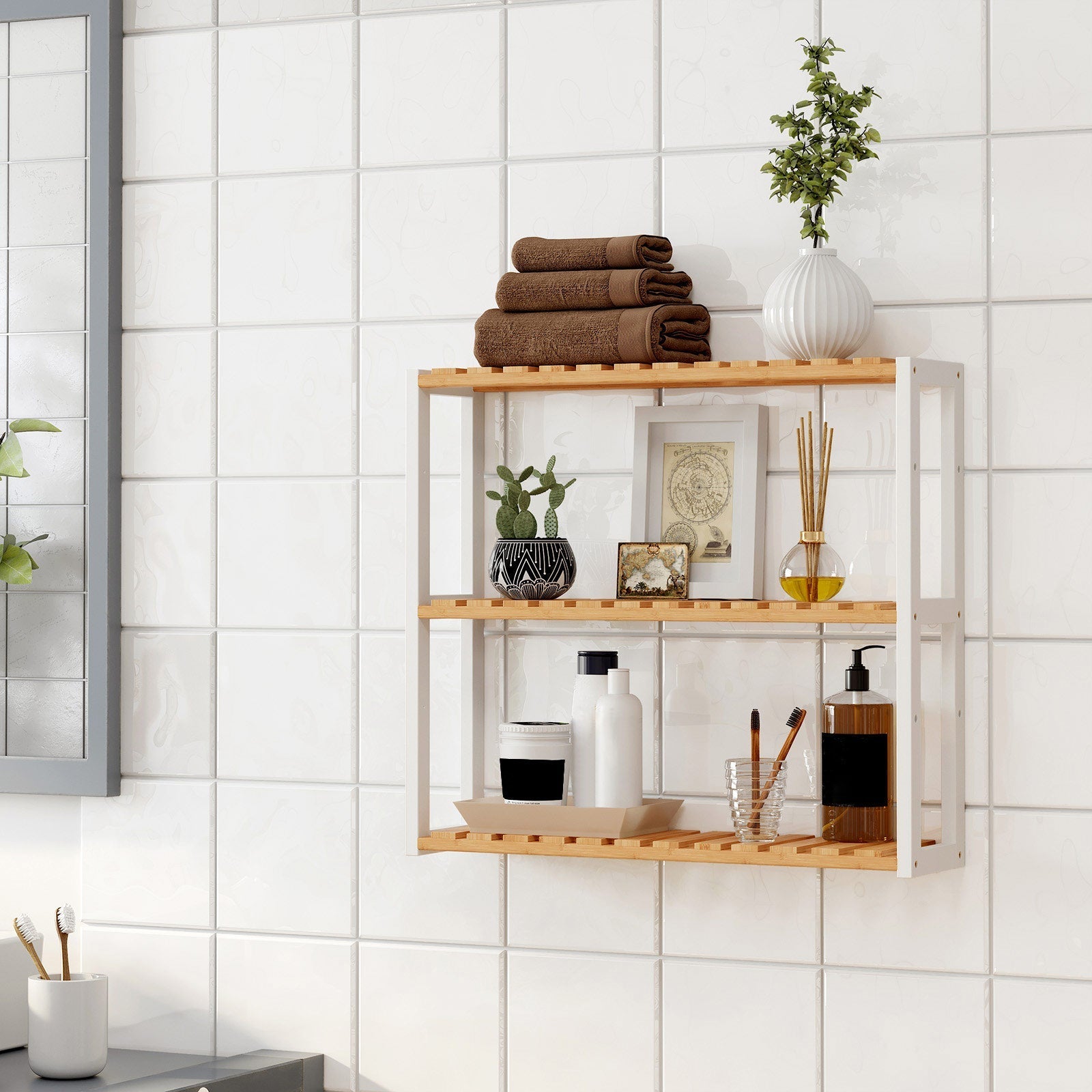 Badrumsställ - med justerbara hyllor - Bambu - Natural/White