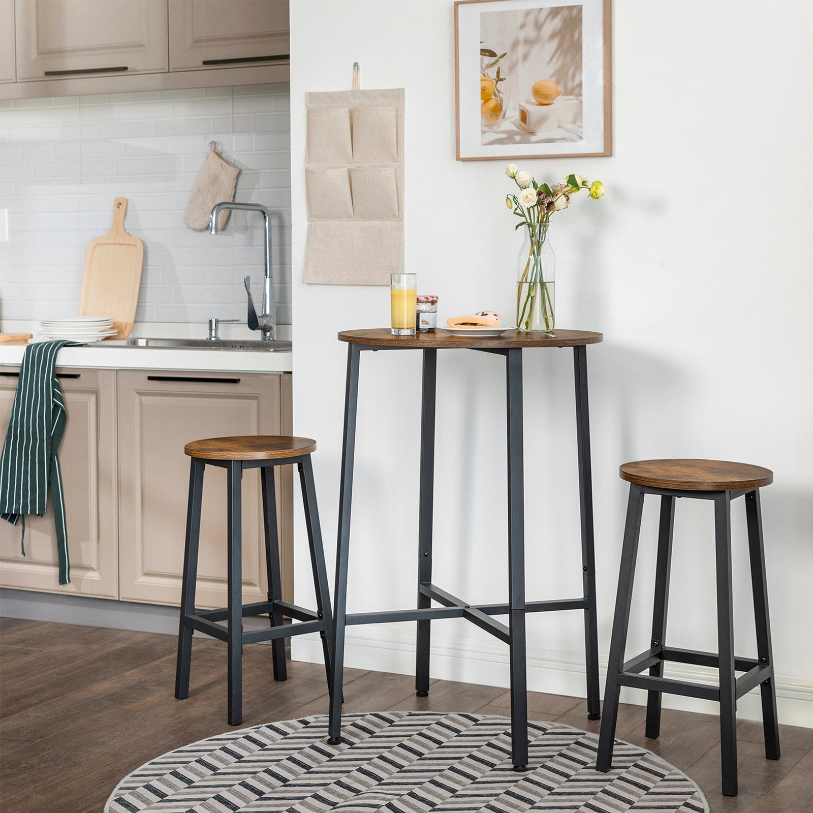 Barstolar set om 2 – Rund sits – Vintage brun/svart