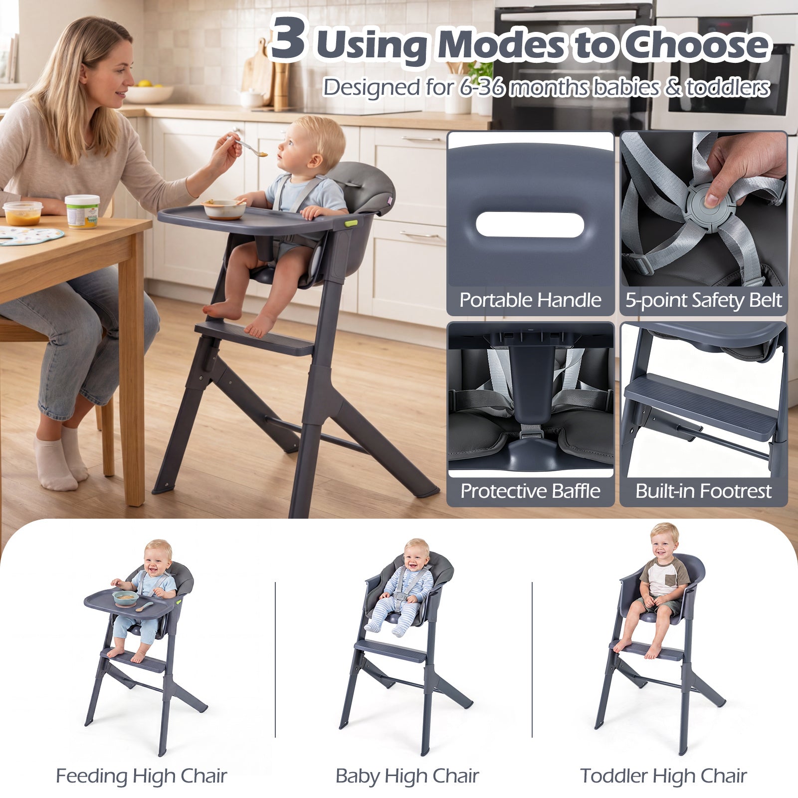 Barnmatstol – 3‑i‑1, barnstol med justerbar bricka och fotstöd, max – 15 kg