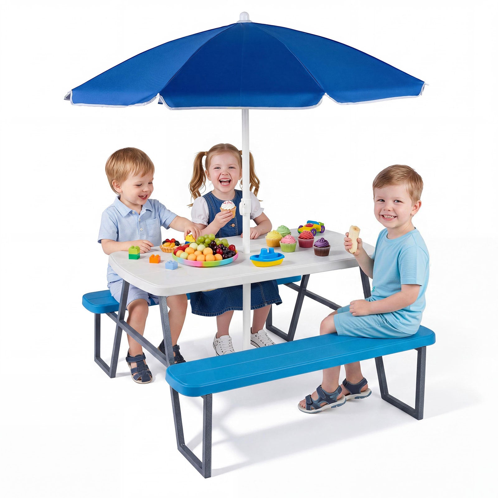 Barnpicknickbord – i HDPE med bänkar, höjdjusterbart och avtagbart parasoll – 2