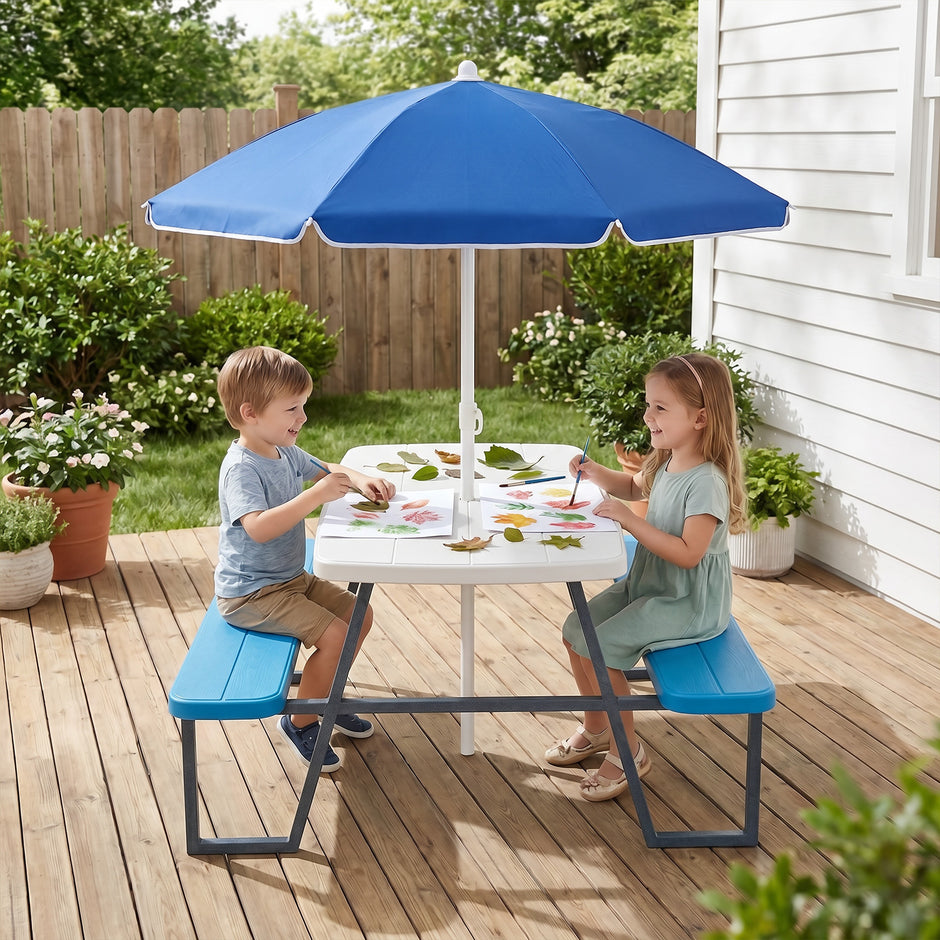 Barnpicknickbord – i HDPE med bänkar, höjdjusterbart och avtagbart parasoll – 2