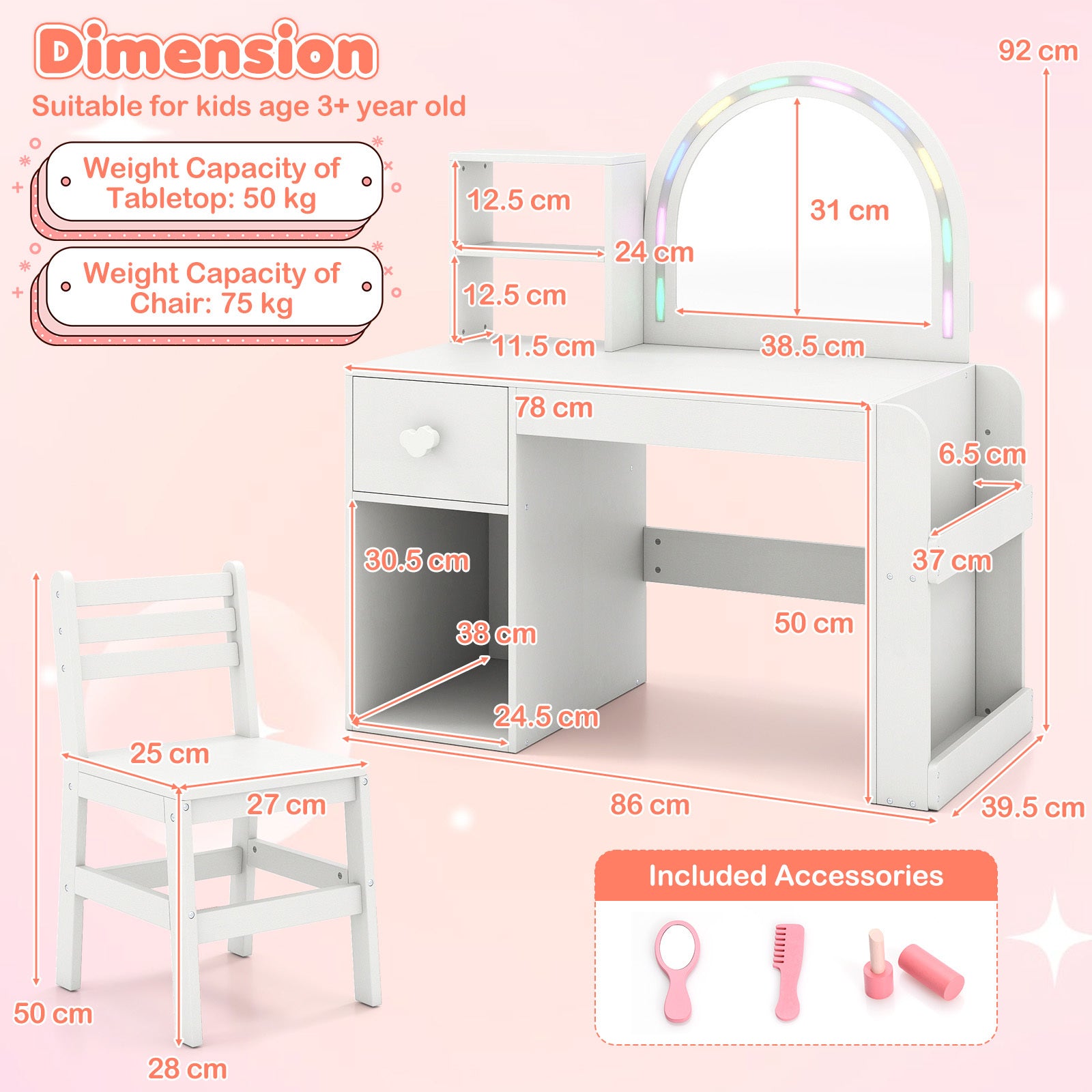 Barnsminkbord – med belysning prinsessbord belyst spegel frisörsbord Rent