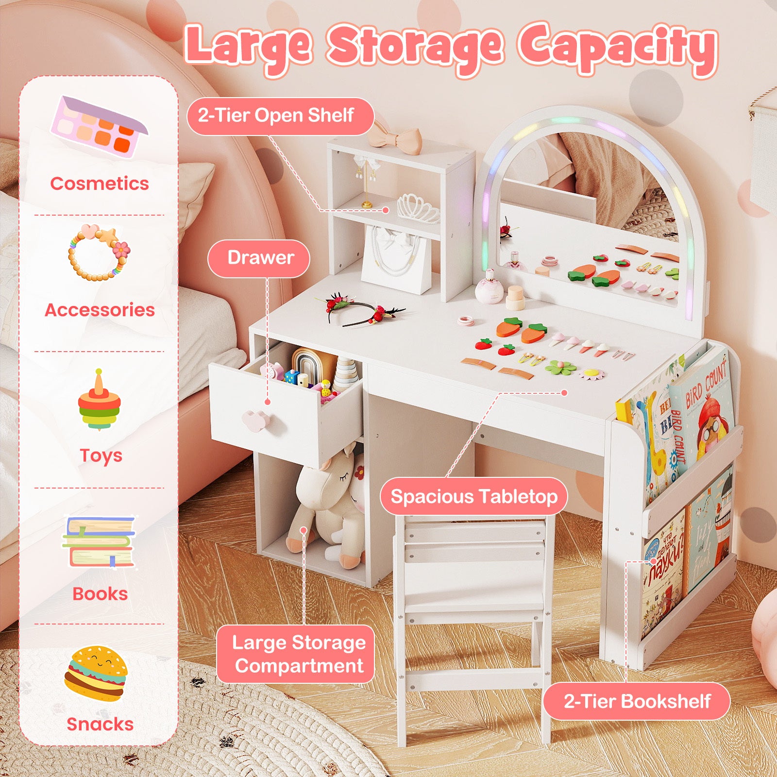 Barnsminkbord – med belysning prinsessbord belyst spegel frisörsbord Rent